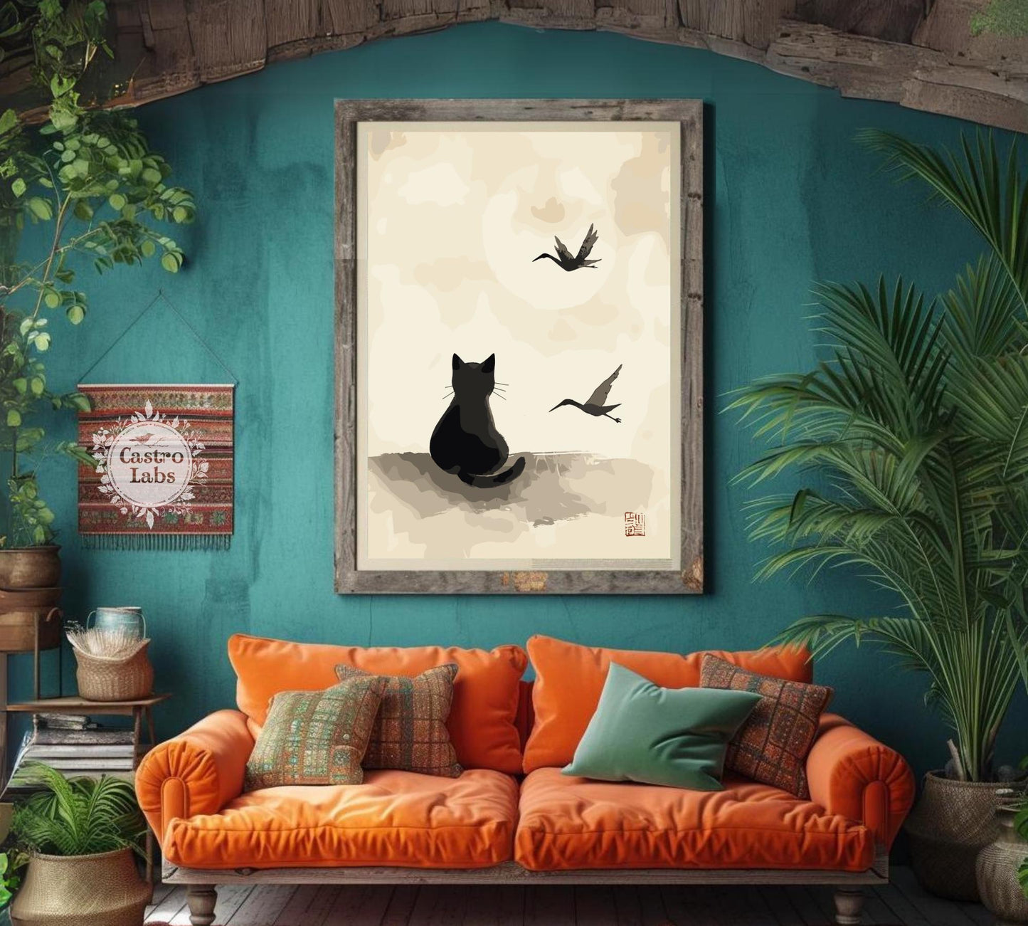 Japanese Ink Cat Poster – Traditional Style Feline Wall Art, Oriental Animal Print, Mythical Cat Illustration, Asian Decor for Cat Lovers