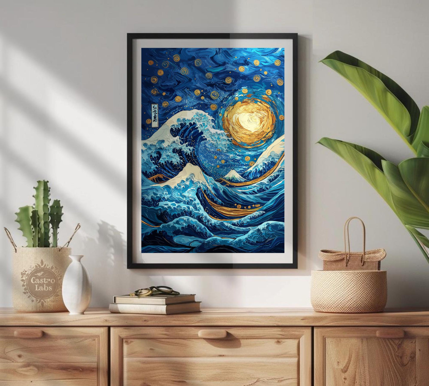 Great Wave Meets Starry Night Art – Hokusai & Van Gogh Fusion Art Print, Japanese Ukiyo-e and Starry Sky Wall Art, Iconic Masterpiece Mashup