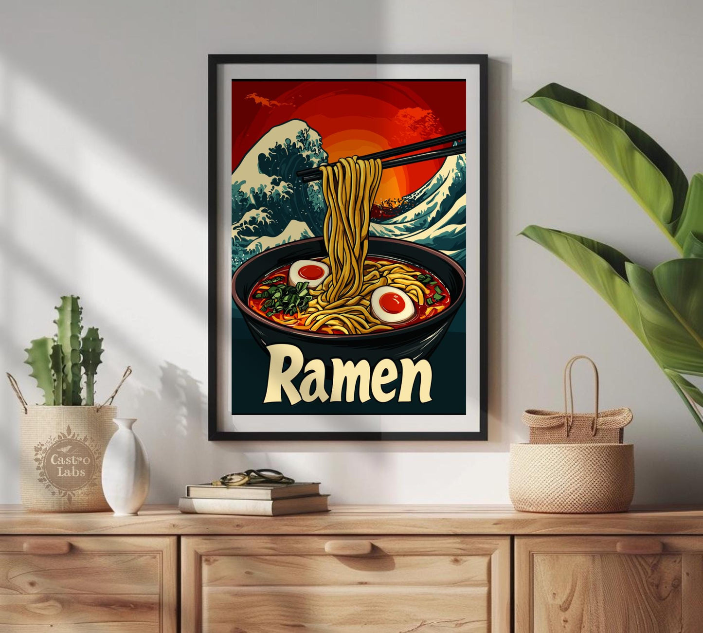 Ramen Bowl with Great Wave Poster – Japanese Food Art Print, Hokusai-Inspired Kitchen Decor, Ukiyo-e Wave Background, Noodle Lover Gift