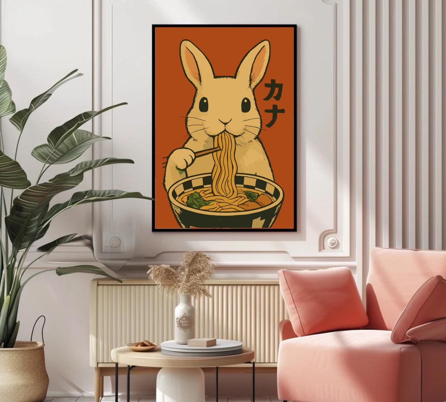 Rabbit Eating Ramen Poster – Cute Bunny Wall Art, Japanese Food Illustration, Kawaii Ramen Lover Print, Whimsical Animal Kitchen Decor
