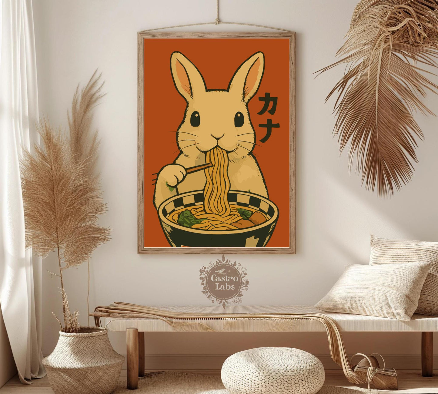Rabbit Eating Ramen Poster – Cute Bunny Wall Art, Japanese Food Illustration, Kawaii Ramen Lover Print, Whimsical Animal Kitchen Decor