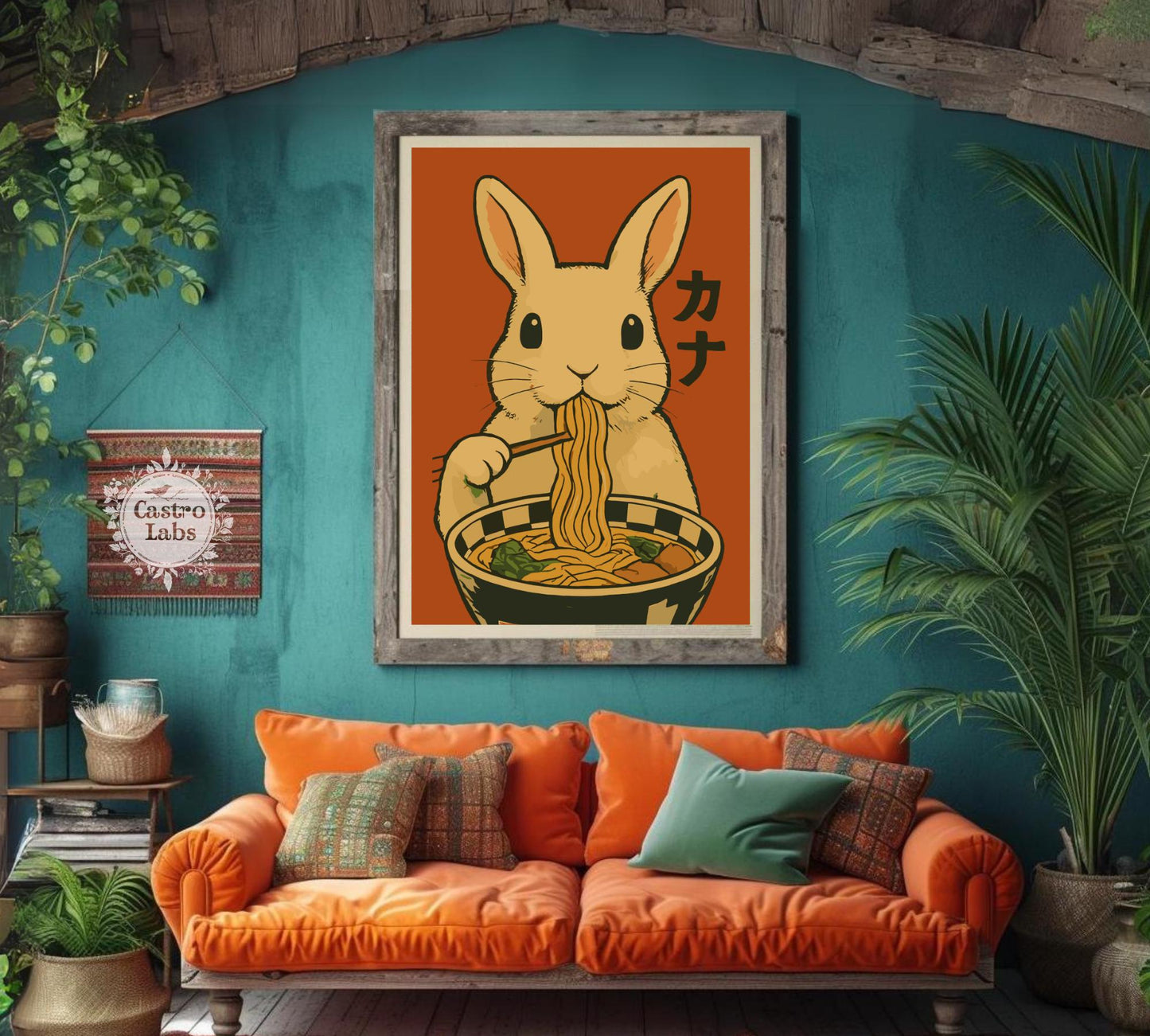 Rabbit Eating Ramen Poster – Cute Bunny Wall Art, Japanese Food Illustration, Kawaii Ramen Lover Print, Whimsical Animal Kitchen Decor