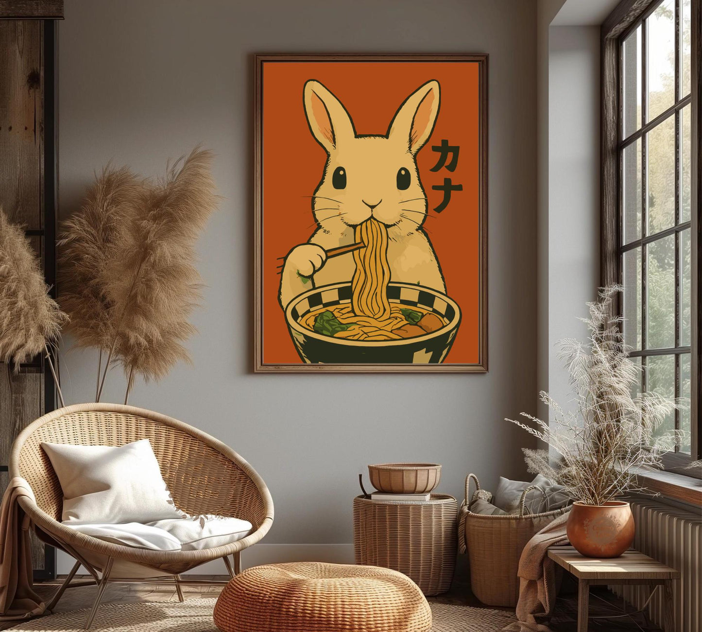 Rabbit Eating Ramen Poster – Cute Bunny Wall Art, Japanese Food Illustration, Kawaii Ramen Lover Print, Whimsical Animal Kitchen Decor