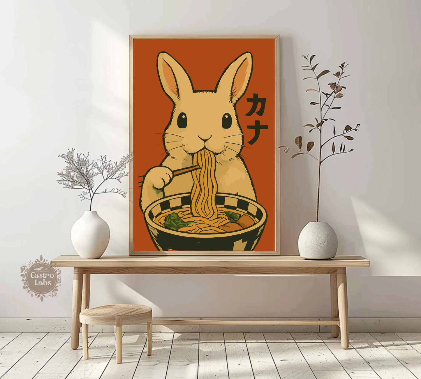 Rabbit Eating Ramen Poster – Cute Bunny Wall Art, Japanese Food Illustration, Kawaii Ramen Lover Print, Whimsical Animal Kitchen Decor