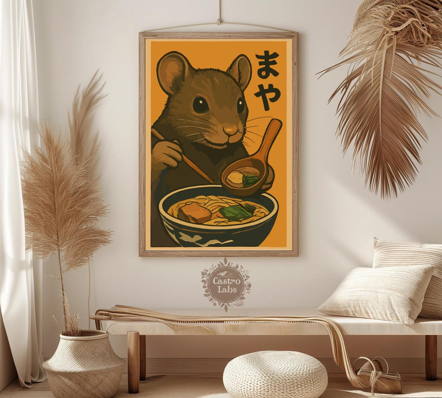 Mouse Eating Ramen Poster – Adorable Mouse Wall Art, Kawaii Japanese Food Print, Whimsical Ramen Lover Decor, Cute Animal Kitchen Art