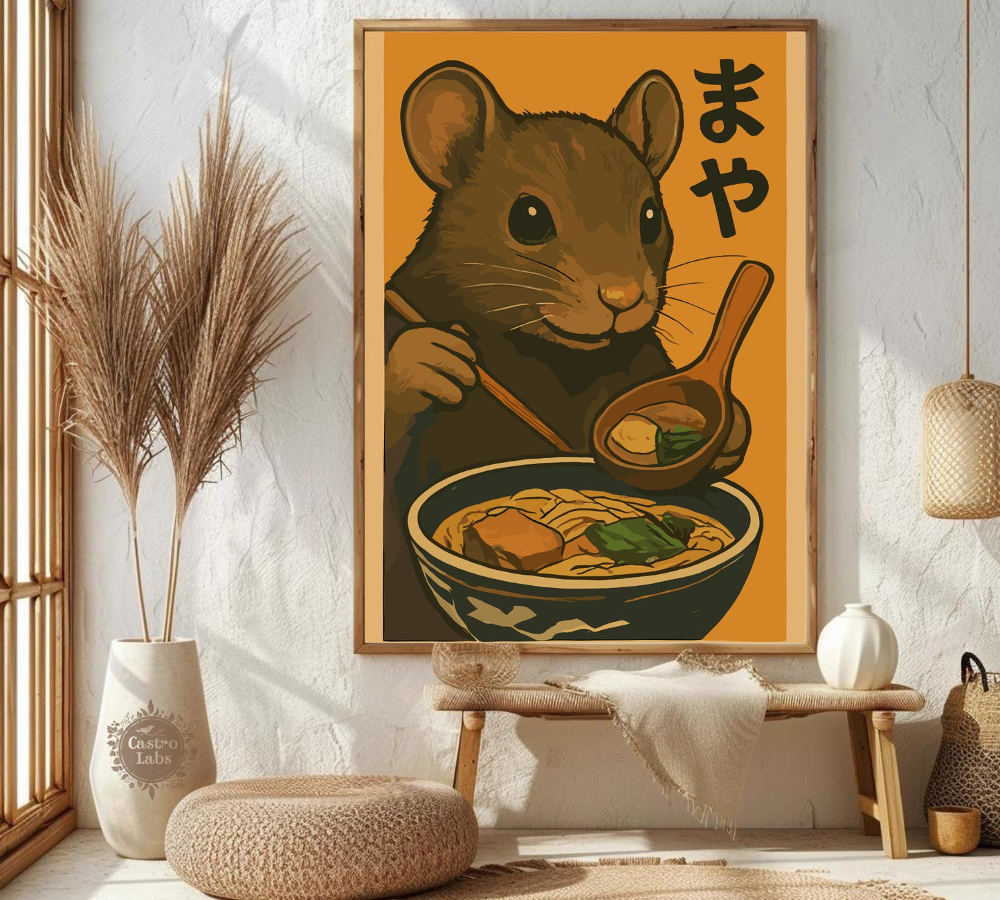 Mouse Eating Ramen Poster – Adorable Mouse Wall Art, Kawaii Japanese Food Print, Whimsical Ramen Lover Decor, Cute Animal Kitchen Art