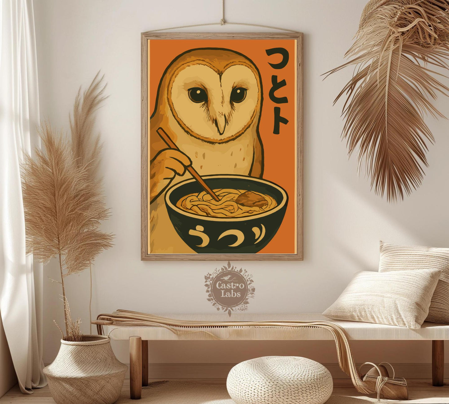 Owl Eating Ramen Poster – Whimsical Owl Wall Art, Japanese Food Illustration, Cozy Ramen Lover Print, Cute Animal Kitchen Decor