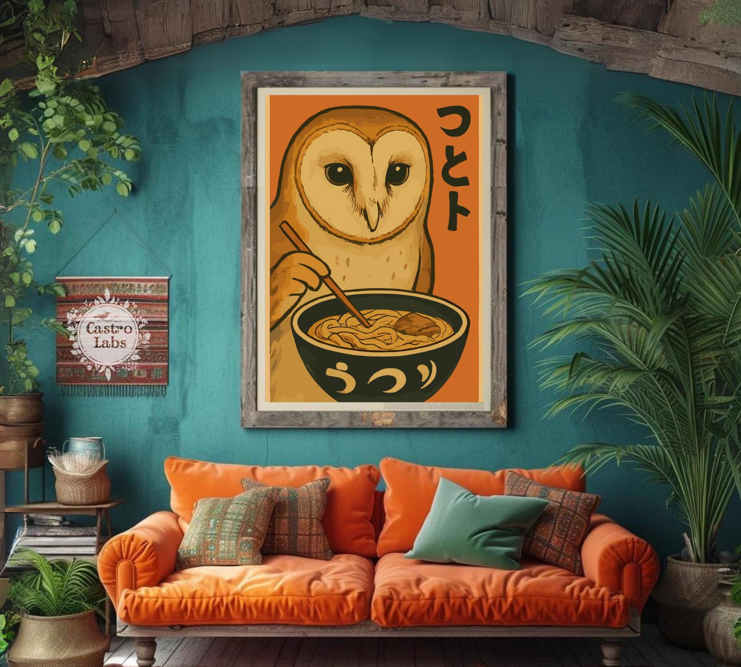 Owl Eating Ramen Poster – Whimsical Owl Wall Art, Japanese Food Illustration, Cozy Ramen Lover Print, Cute Animal Kitchen Decor