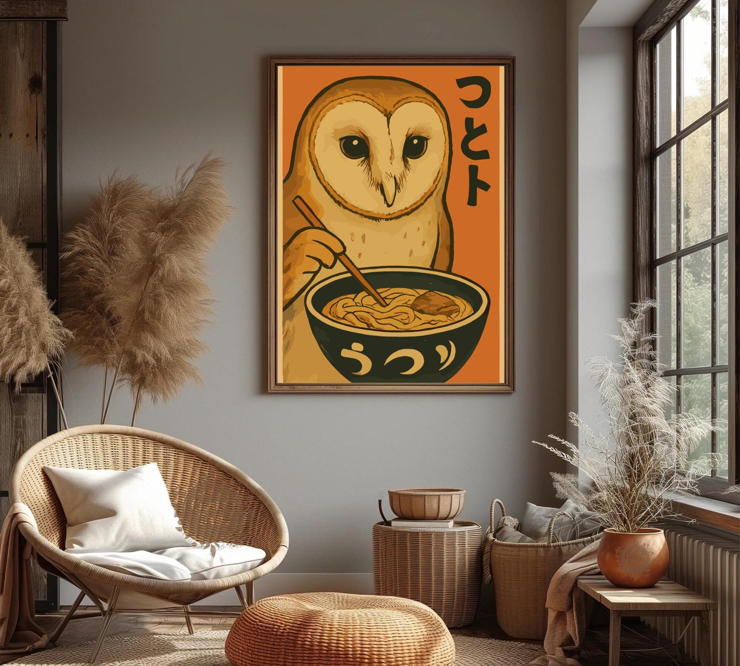 Owl Eating Ramen Poster – Whimsical Owl Wall Art, Japanese Food Illustration, Cozy Ramen Lover Print, Cute Animal Kitchen Decor