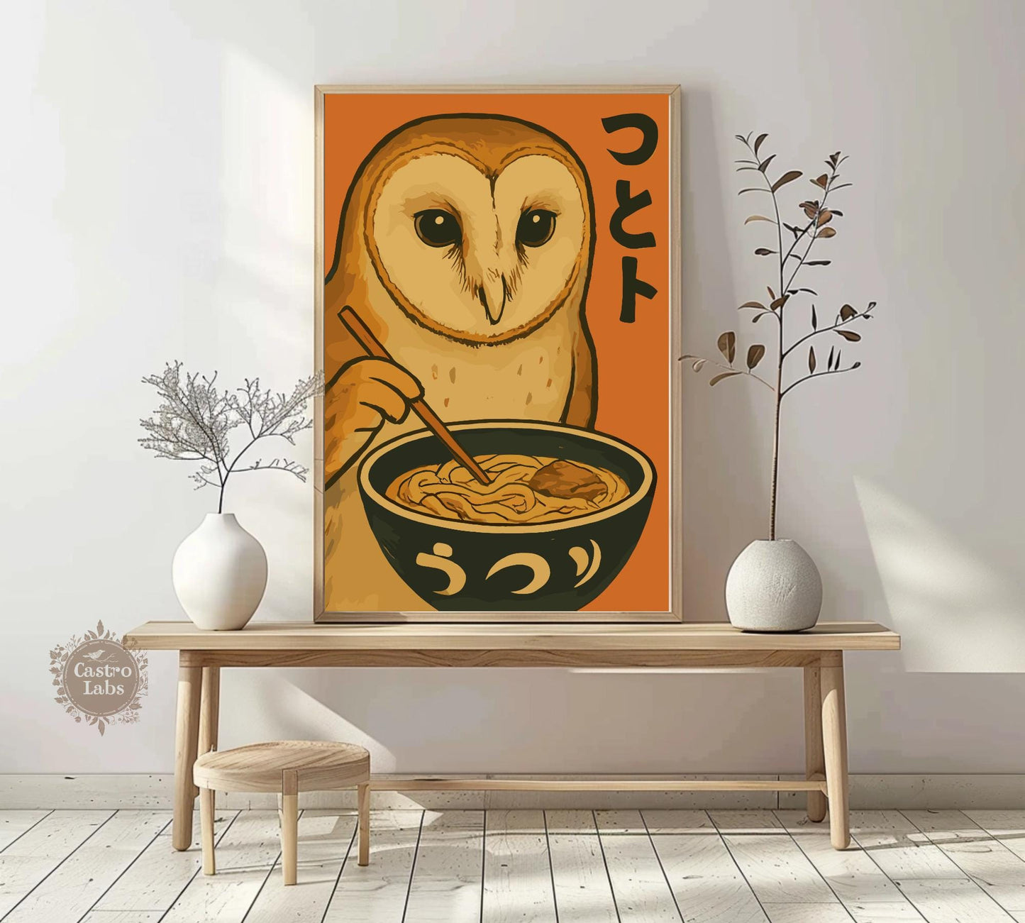 Owl Eating Ramen Poster – Whimsical Owl Wall Art, Japanese Food Illustration, Cozy Ramen Lover Print, Cute Animal Kitchen Decor