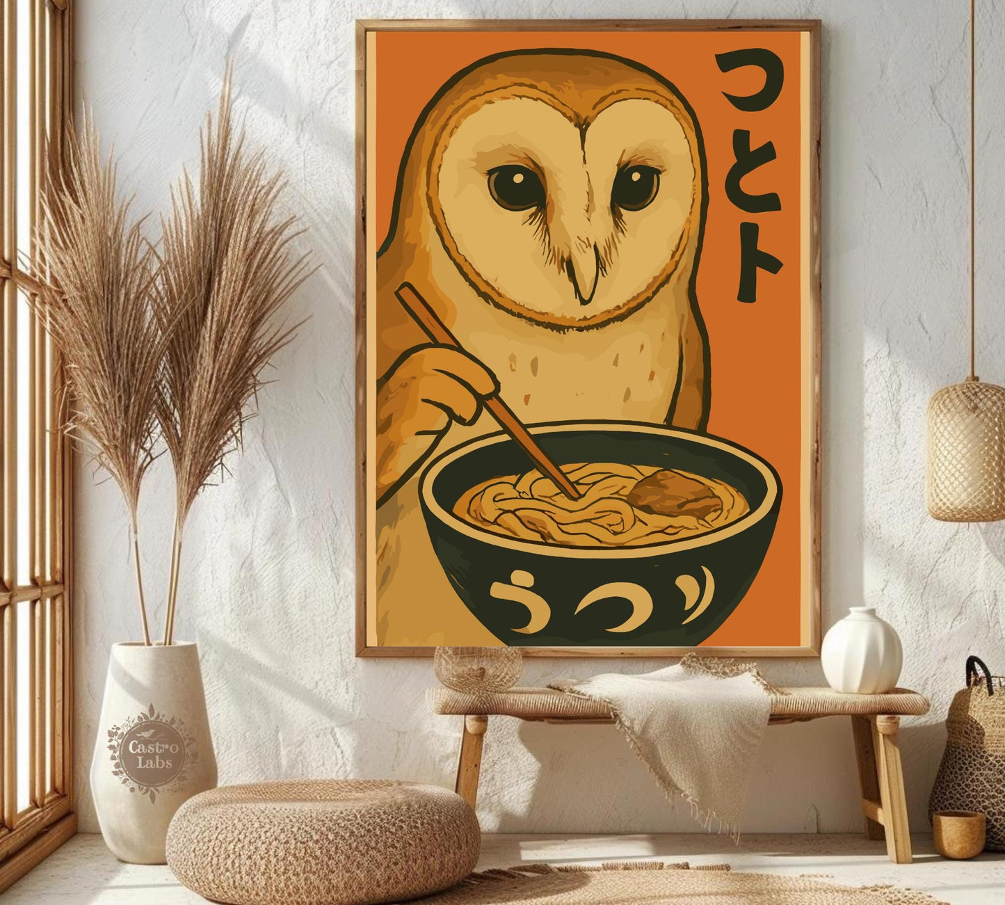 Owl Eating Ramen Poster – Whimsical Owl Wall Art, Japanese Food Illustration, Cozy Ramen Lover Print, Cute Animal Kitchen Decor