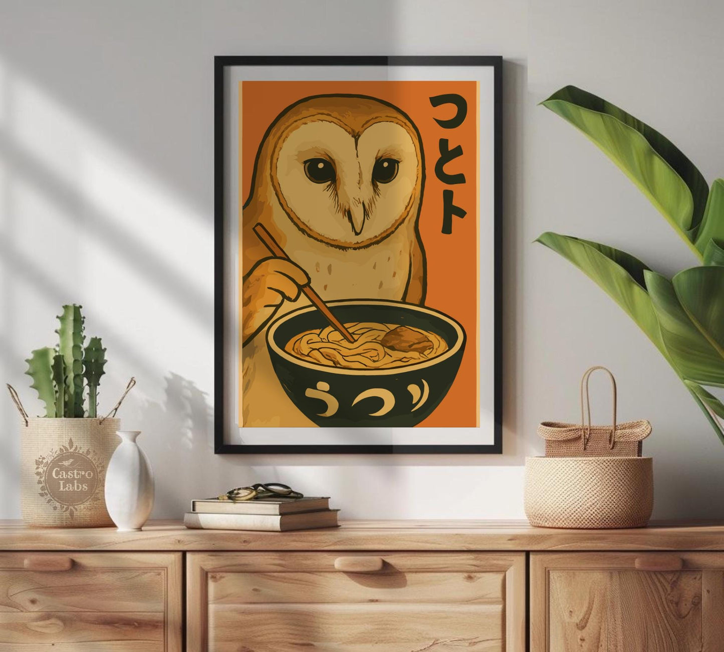 Owl Eating Ramen Poster – Whimsical Owl Wall Art, Japanese Food Illustration, Cozy Ramen Lover Print, Cute Animal Kitchen Decor