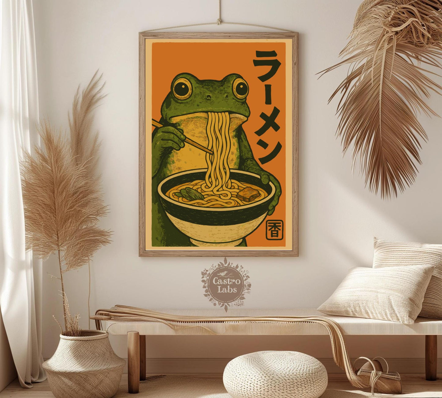 Frog Eating Ramen Poster – Japanese Ukiyo-e Inspired Frog Art, Ramen Bowl Illustration, Quirky Amphibian Wall Print, Zen Kitchen Decor