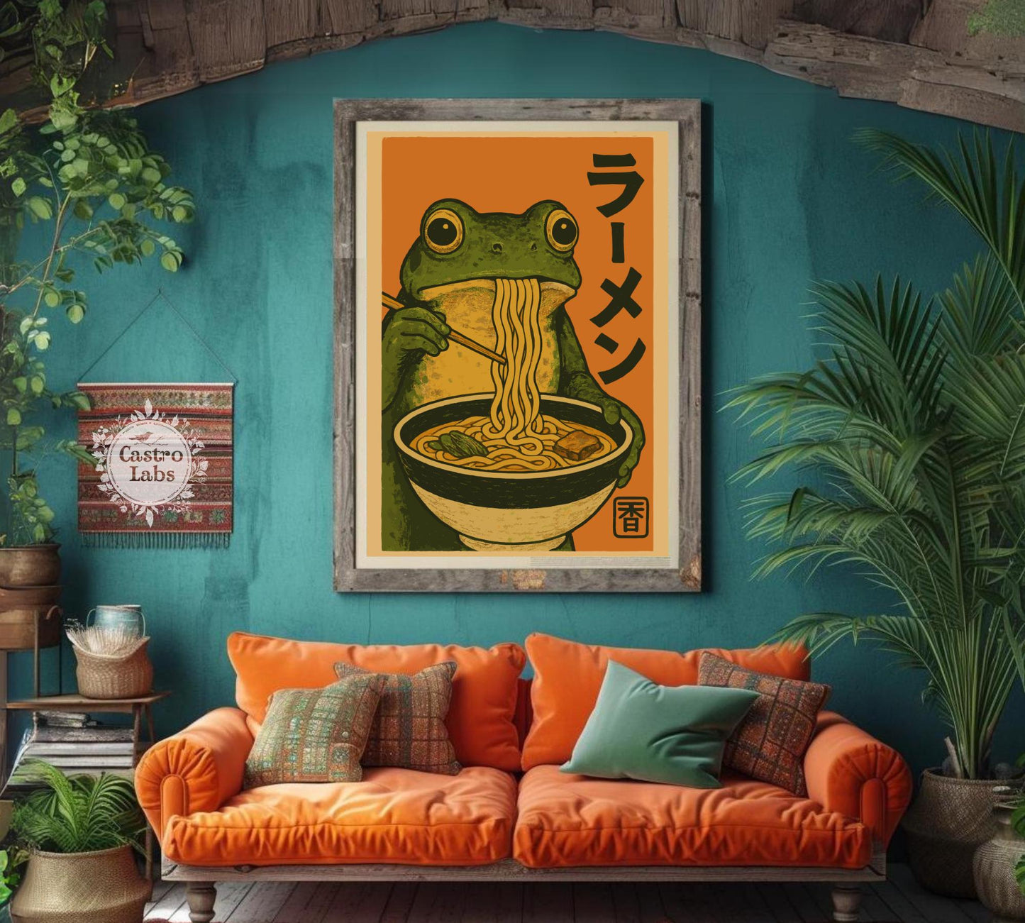 Frog Eating Ramen Poster – Japanese Ukiyo-e Inspired Frog Art, Ramen Bowl Illustration, Quirky Amphibian Wall Print, Zen Kitchen Decor