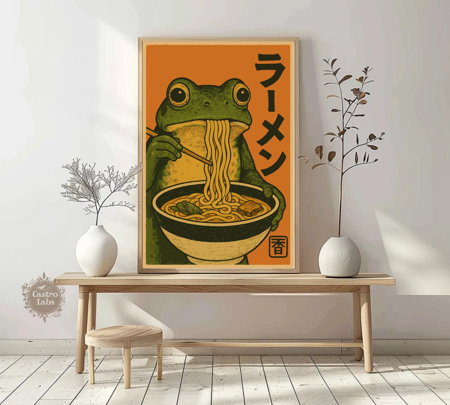 Frog Eating Ramen Poster – Japanese Ukiyo-e Inspired Frog Art, Ramen Bowl Illustration, Quirky Amphibian Wall Print, Zen Kitchen Decor