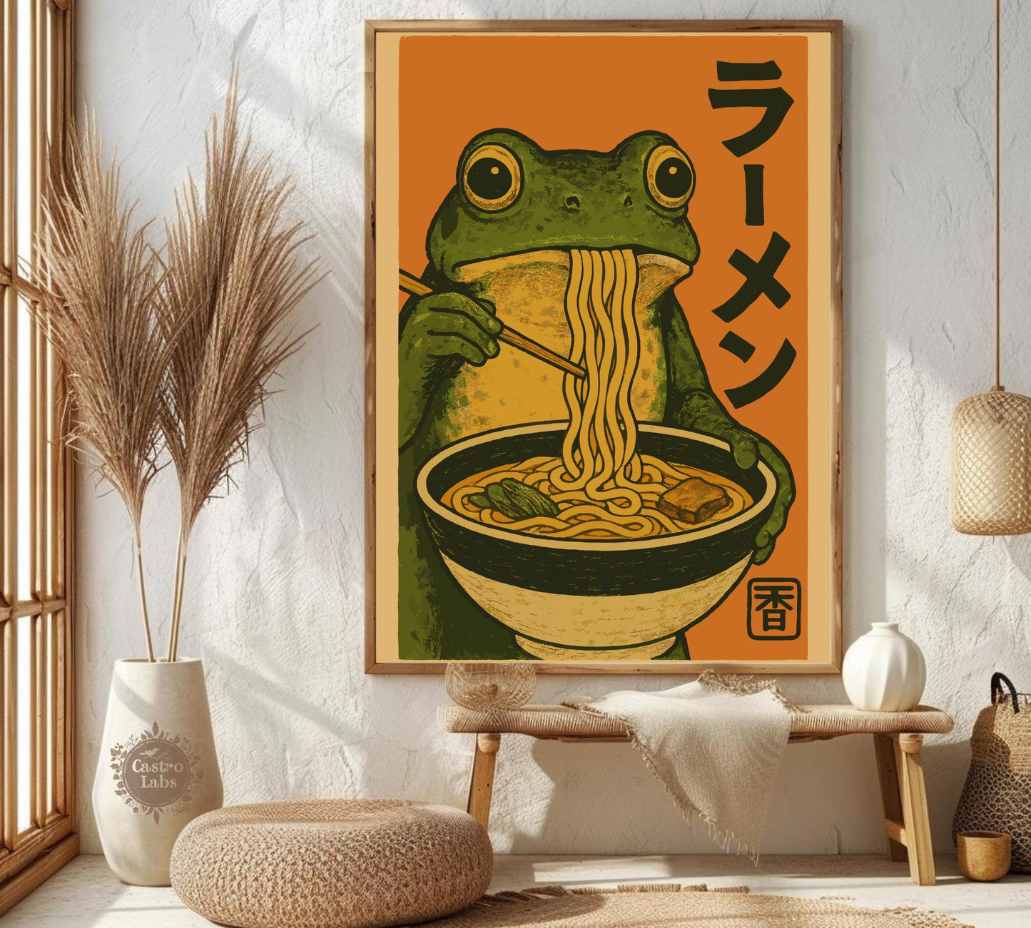 Frog Eating Ramen Poster – Japanese Ukiyo-e Inspired Frog Art, Ramen Bowl Illustration, Quirky Amphibian Wall Print, Zen Kitchen Decor