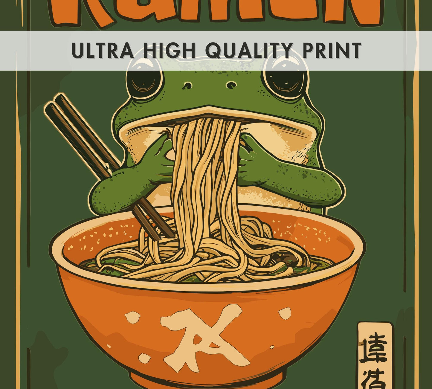 Kawaii Frog Ramen Poster – Cute Frog Eating Ramen Wall Art, Whimsical Animal Illustration, Japanese Food Lover Decor, Playful Kitchen Print