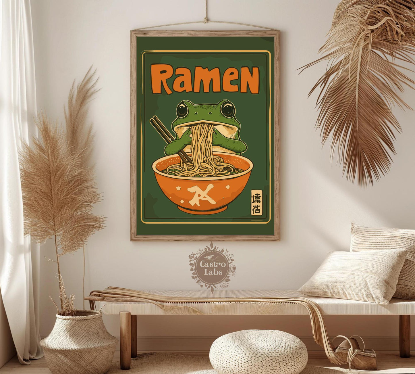 Kawaii Frog Ramen Poster – Cute Frog Eating Ramen Wall Art, Whimsical Animal Illustration, Japanese Food Lover Decor, Playful Kitchen Print