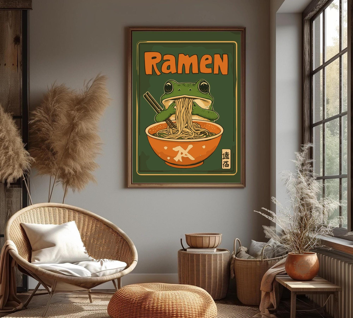Kawaii Frog Ramen Poster – Cute Frog Eating Ramen Wall Art, Whimsical Animal Illustration, Japanese Food Lover Decor, Playful Kitchen Print