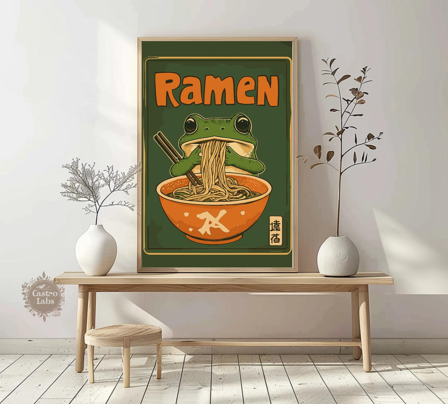 Kawaii Frog Ramen Poster – Cute Frog Eating Ramen Wall Art, Whimsical Animal Illustration, Japanese Food Lover Decor, Playful Kitchen Print