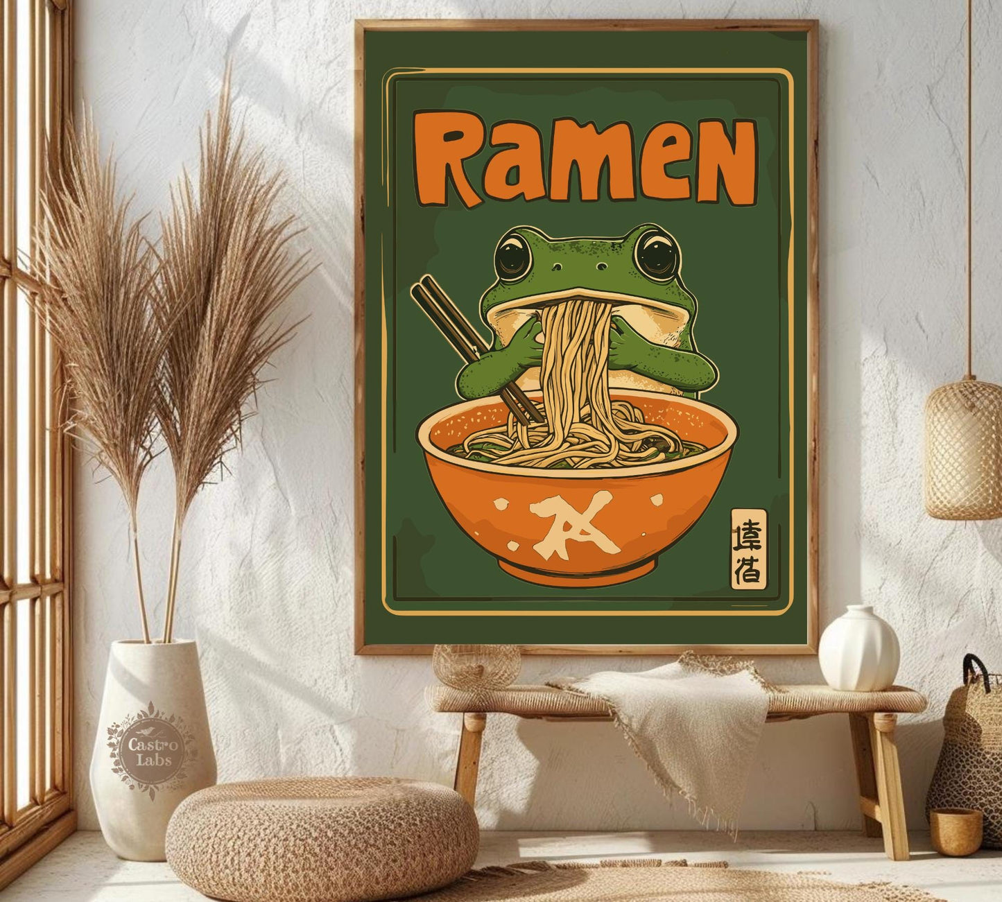 Kawaii Frog Ramen Poster – Cute Frog Eating Ramen Wall Art, Whimsical Animal Illustration, Japanese Food Lover Decor, Playful Kitchen Print