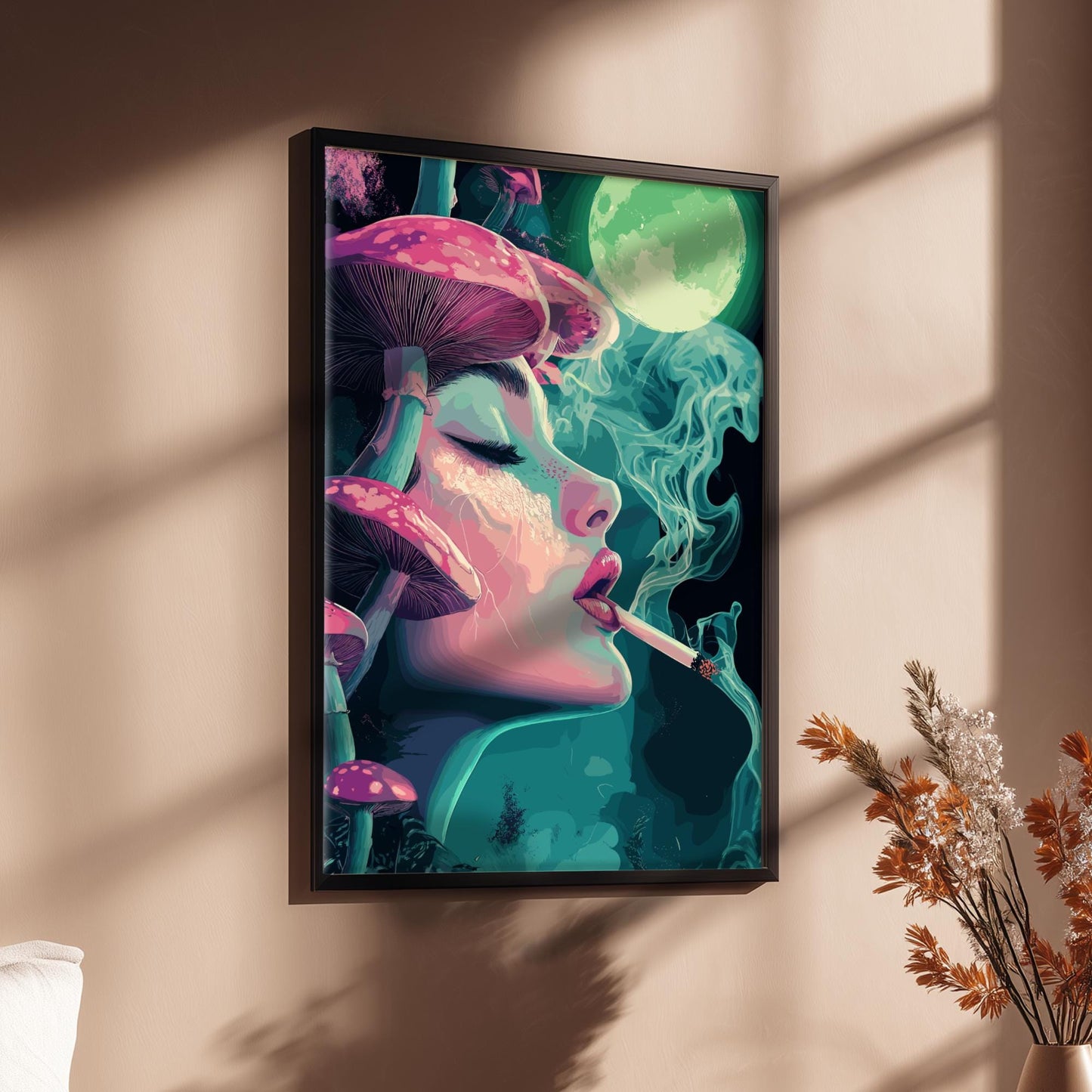 Lunar Drift Psychedelic Poster – Trippy Woman with Mushrooms and Smoke, Surreal Cosmic Wall Art, Dreamscape Print, Neon Boho Decor