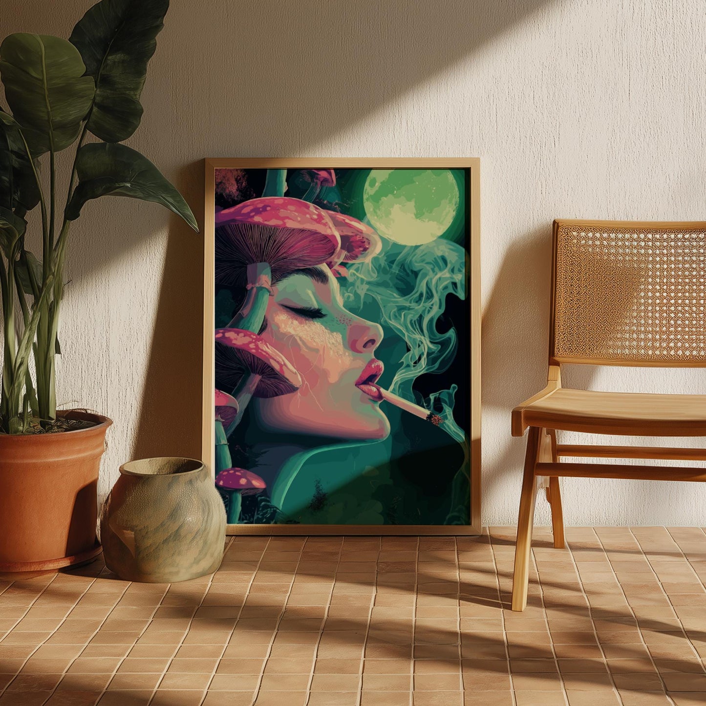 Lunar Drift Psychedelic Poster – Trippy Woman with Mushrooms and Smoke, Surreal Cosmic Wall Art, Dreamscape Print, Neon Boho Decor