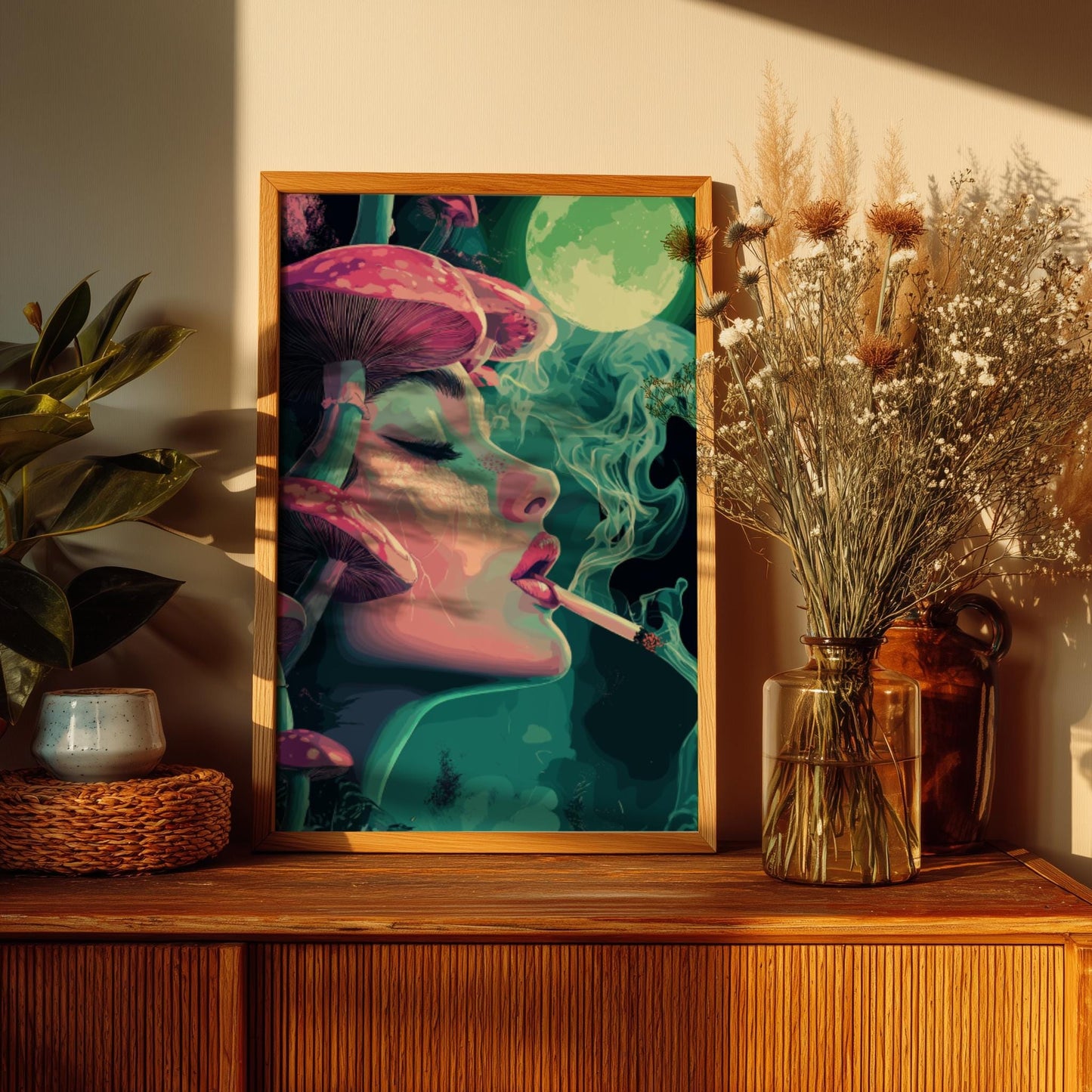Lunar Drift Psychedelic Poster – Trippy Woman with Mushrooms and Smoke, Surreal Cosmic Wall Art, Dreamscape Print, Neon Boho Decor