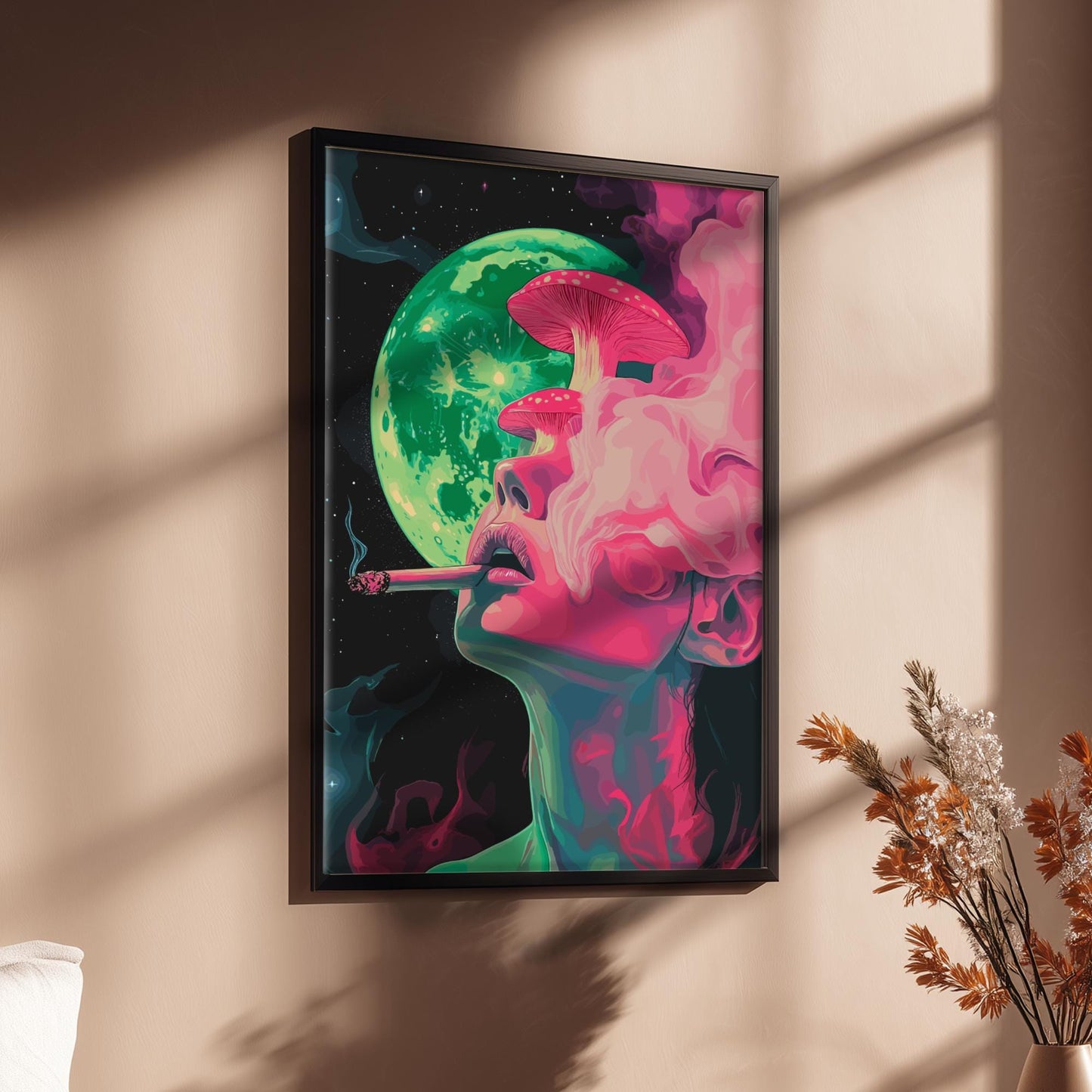 Lunar Drift Feminine Wall Art – Woman with Mushrooms and Smoke, Mystical Dreamscape Poster, Ethereal Psychedelic Decor, Cosmic Print