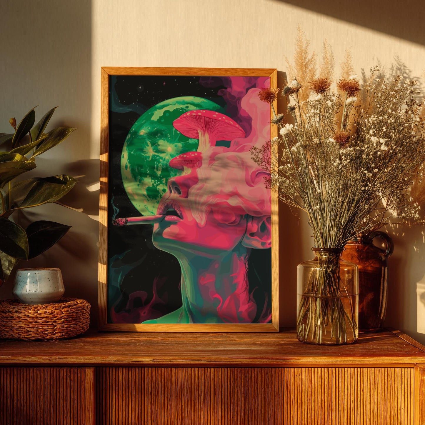 Lunar Drift Feminine Wall Art – Woman with Mushrooms and Smoke, Mystical Dreamscape Poster, Ethereal Psychedelic Decor, Cosmic Print