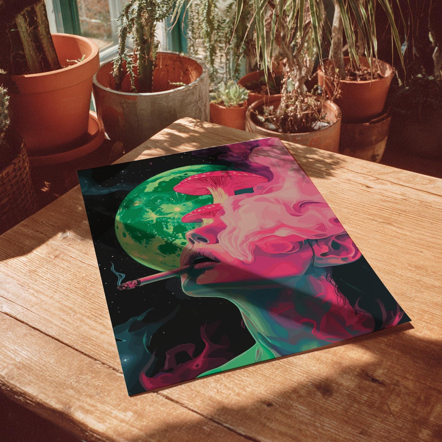 Lunar Drift Feminine Wall Art – Woman with Mushrooms and Smoke, Mystical Dreamscape Poster, Ethereal Psychedelic Decor, Cosmic Print