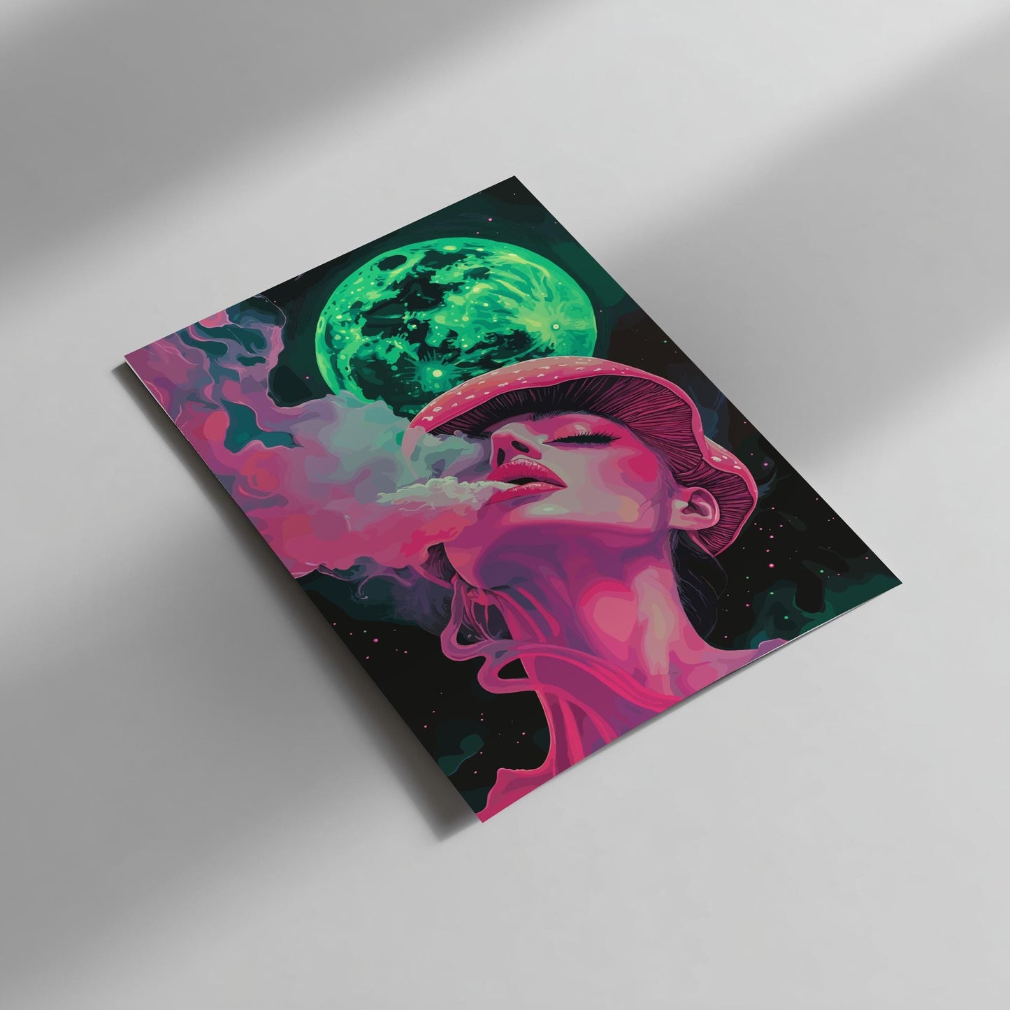 Trippy Mushroom Girl Poster – Lunar Drift Psychedelic Smoke Art Print, Neon Dreamscape Wall Decor, Edgy Modern Surrealism Poster