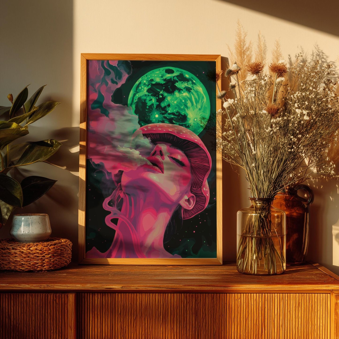 Trippy Mushroom Girl Poster – Lunar Drift Psychedelic Smoke Art Print, Neon Dreamscape Wall Decor, Edgy Modern Surrealism Poster