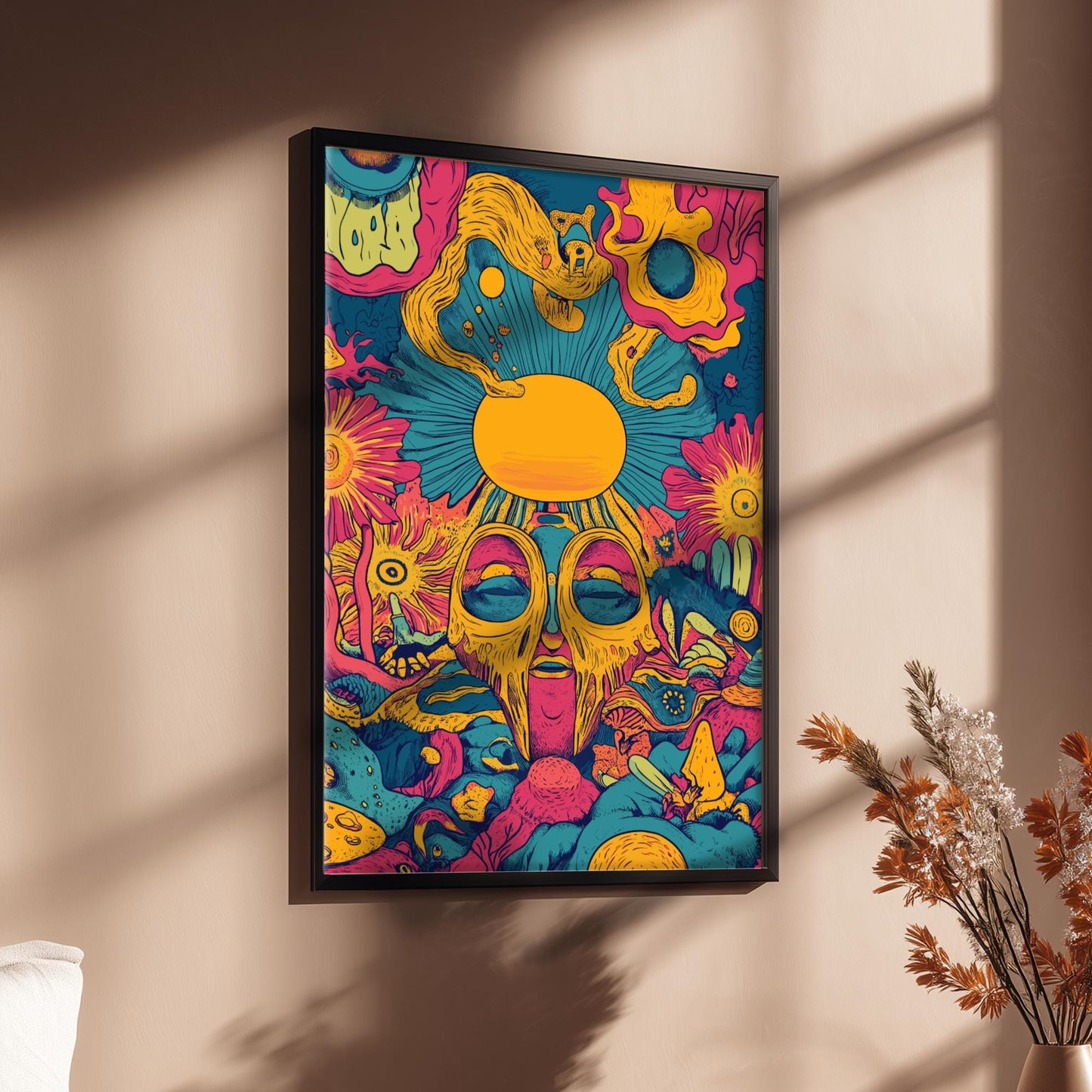 Solar Reverie Art Print – Surreal Dream Sun Poster, Vibrant Cosmic Wall Decor, Artistic Bohemian Sun Illustration for Creative Spaces
