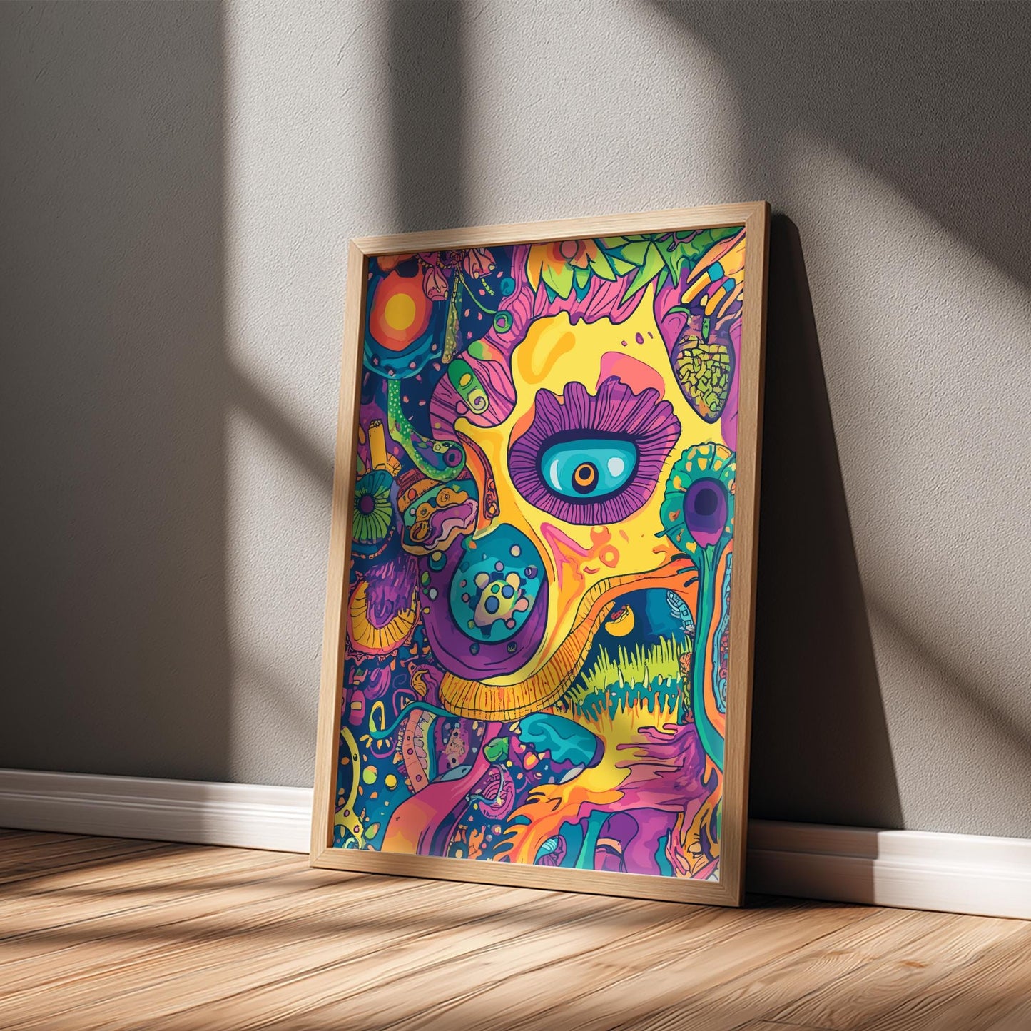Electric Bloom Poster – Psychedelic Floral Sun Landscape, Trippy Surreal Wall Art, Colorful Cosmic Garden Decor, Retro Vibes Print