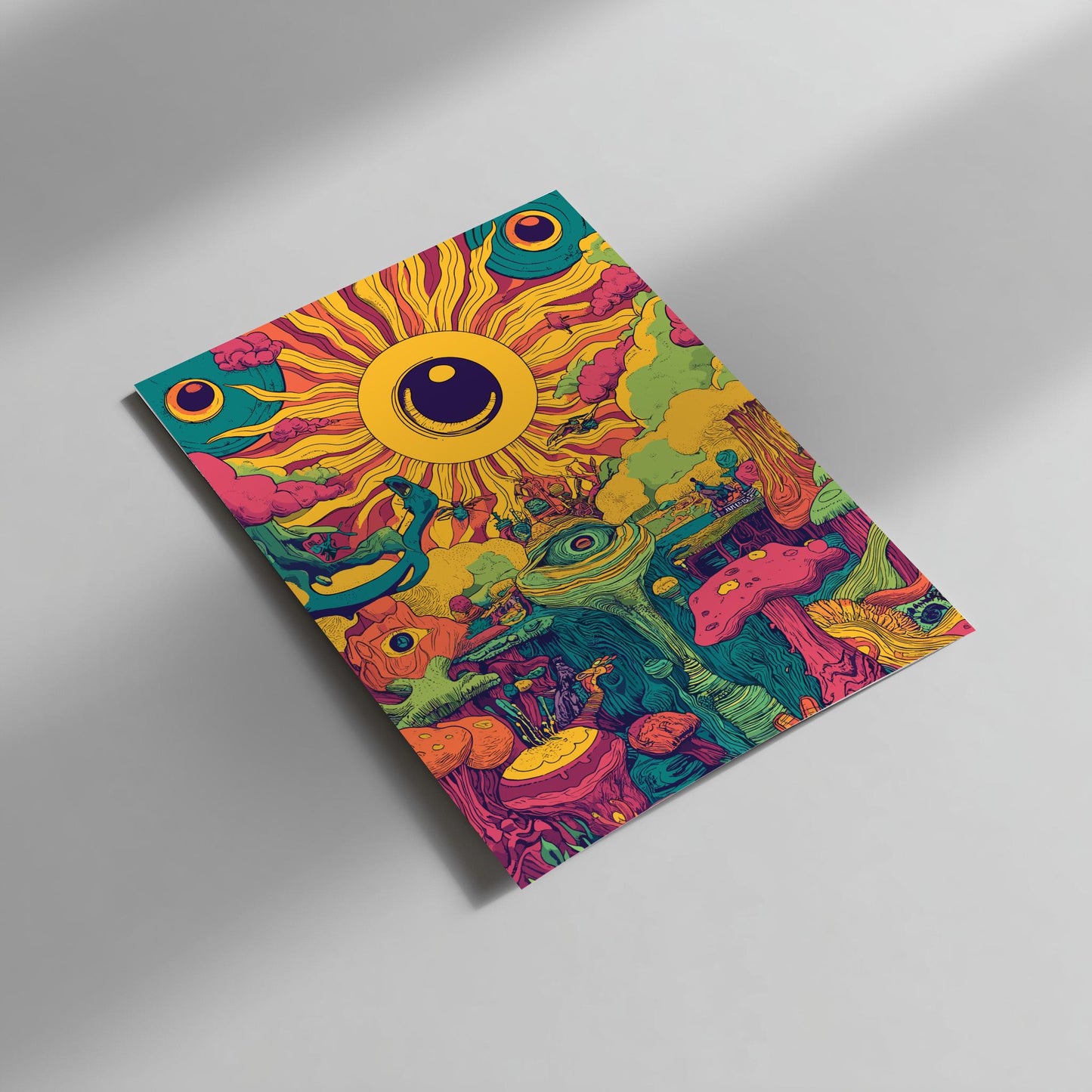 Electric Bloom Art Print – Surreal Psychedelic Garden Wall Art, Cosmic Flower Landscape Poster, Dreamy Sun and Planet Illustration
