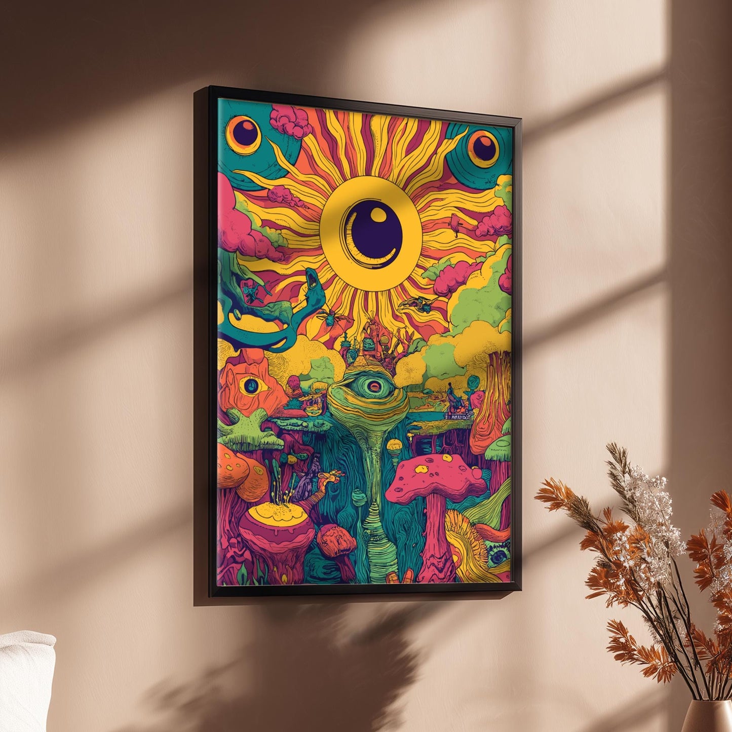 Electric Bloom Art Print – Surreal Psychedelic Garden Wall Art, Cosmic Flower Landscape Poster, Dreamy Sun and Planet Illustration
