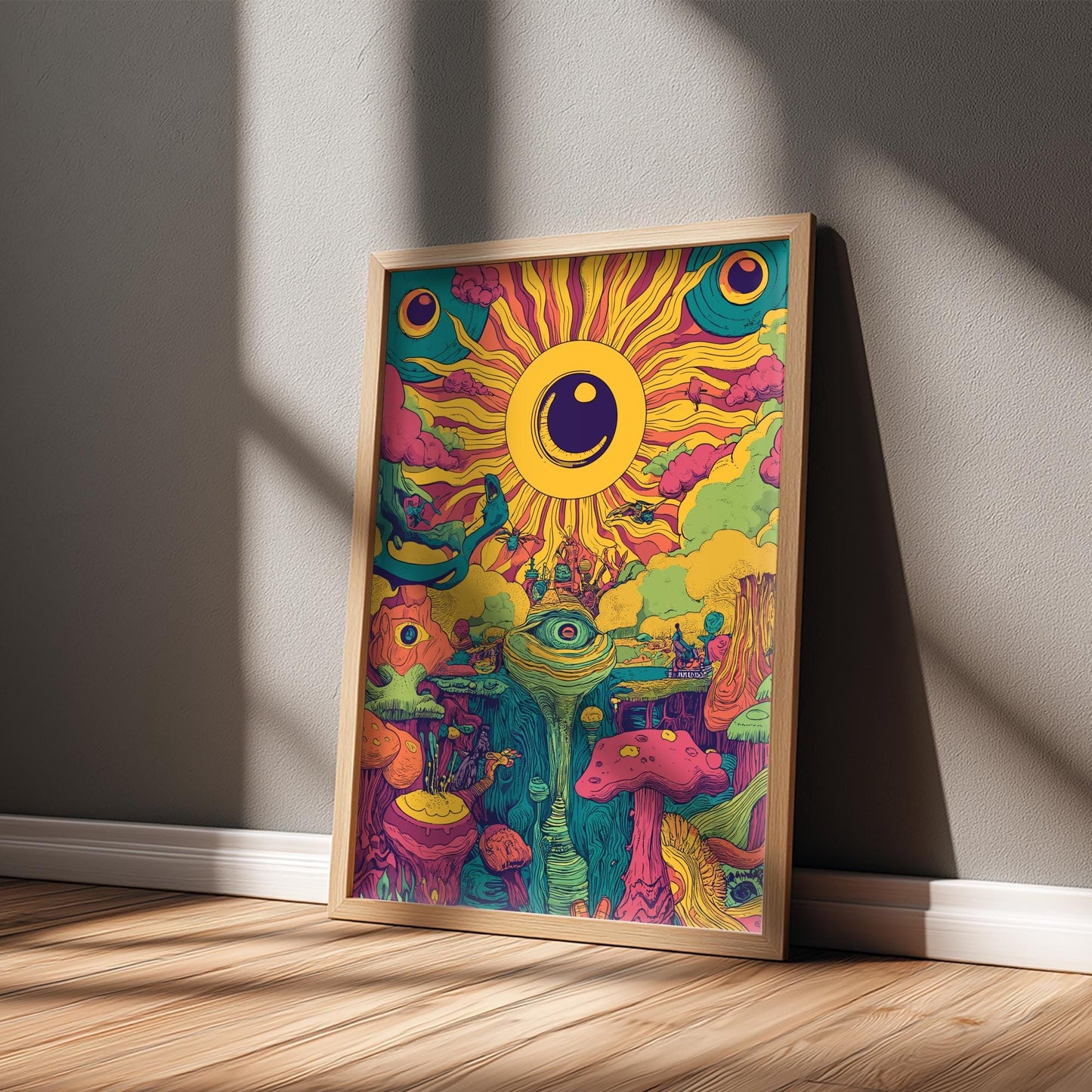 Electric Bloom Art Print – Surreal Psychedelic Garden Wall Art, Cosmic Flower Landscape Poster, Dreamy Sun and Planet Illustration