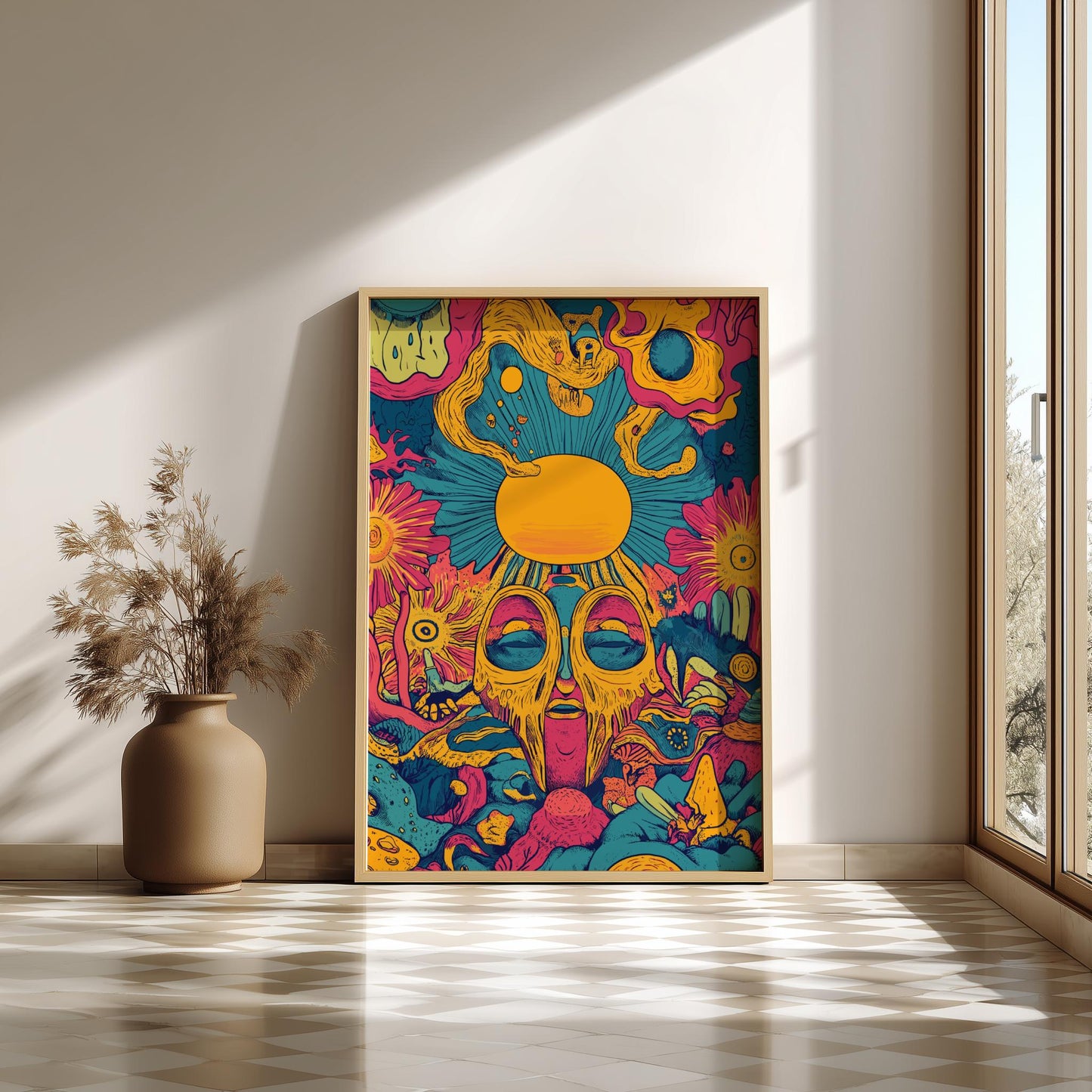 Solar Reverie Art Print – Surreal Dream Sun Poster, Vibrant Cosmic Wall Decor, Artistic Bohemian Sun Illustration for Creative Spaces