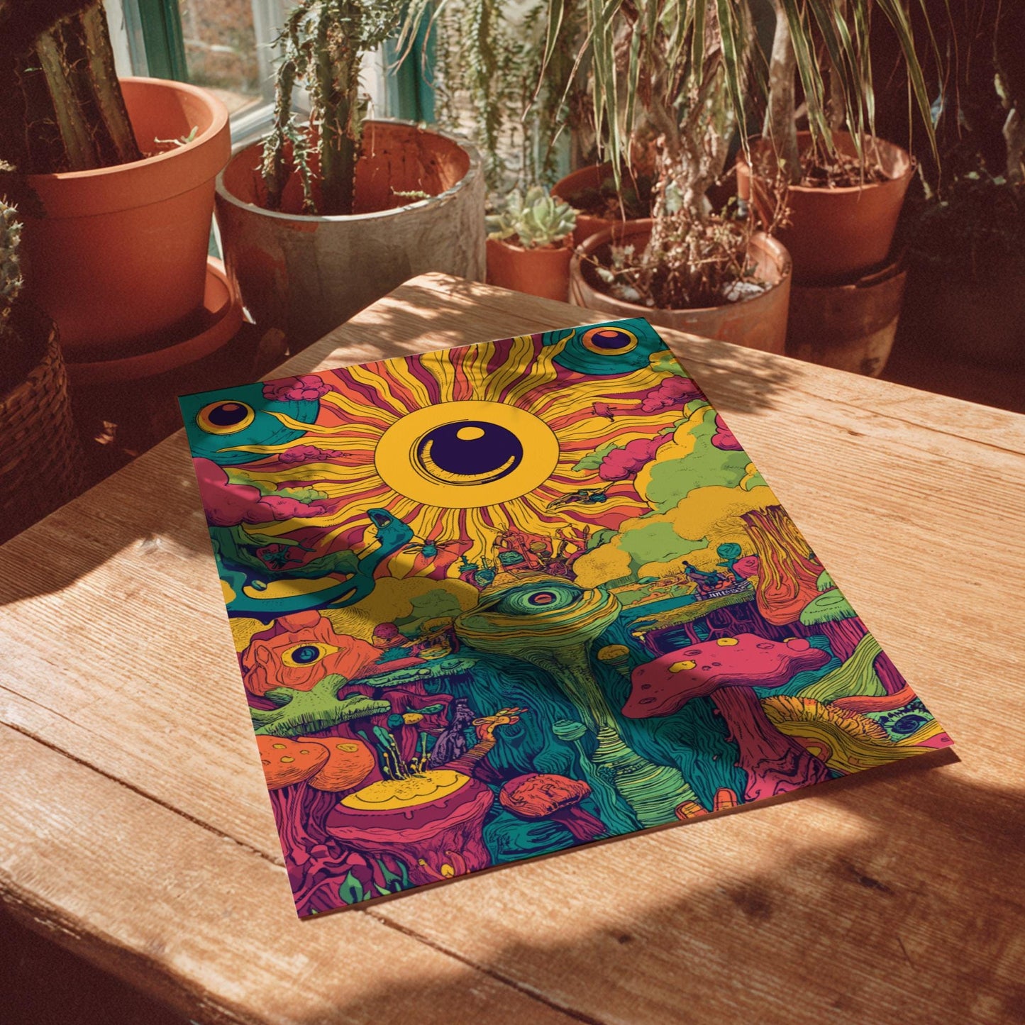 Electric Bloom Art Print – Surreal Psychedelic Garden Wall Art, Cosmic Flower Landscape Poster, Dreamy Sun and Planet Illustration