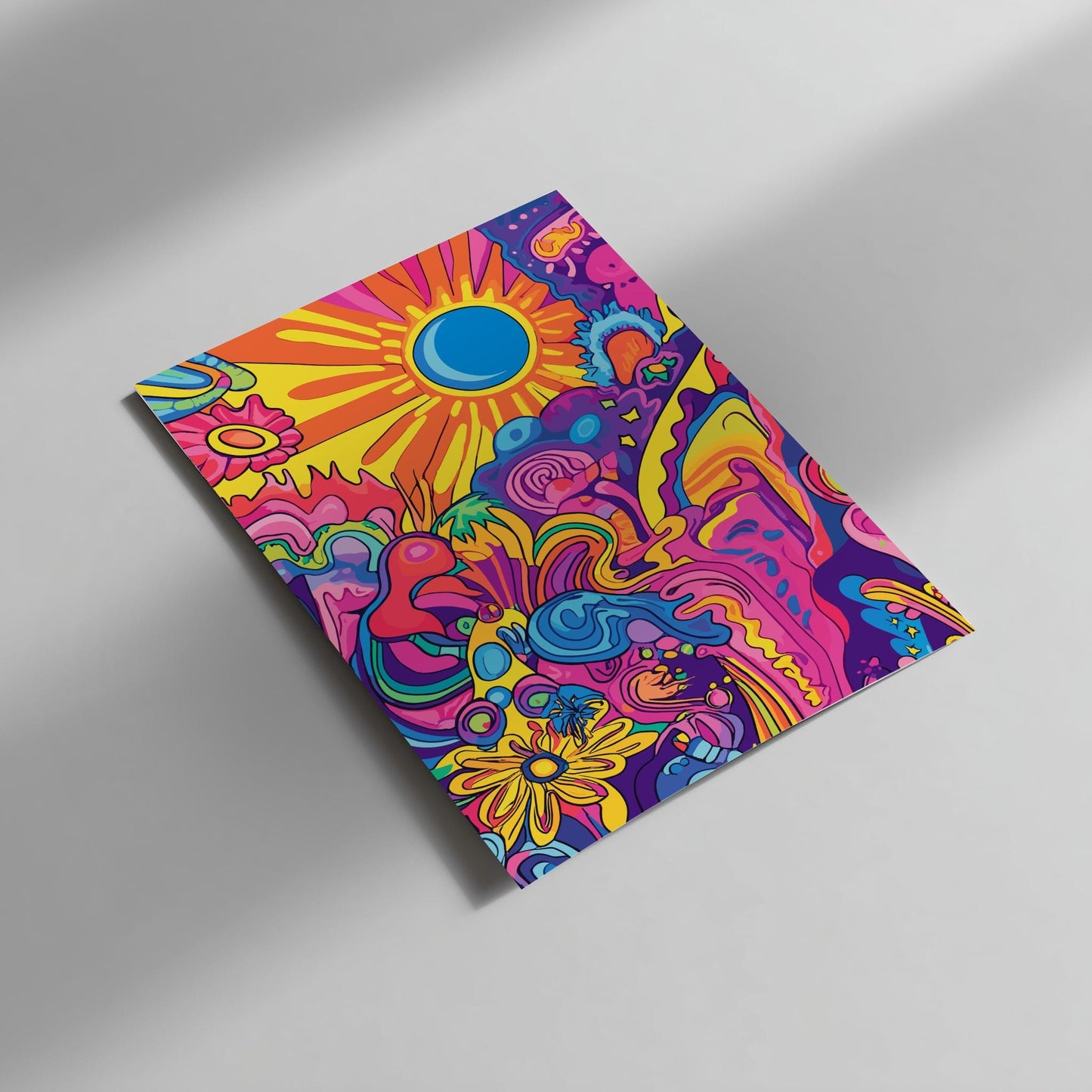 Electric Bloom Trippy Poster – Groovy Retro Sun & Flower Wall Art, Colorful Psychedelic Print, 70s Aesthetic Room Decor