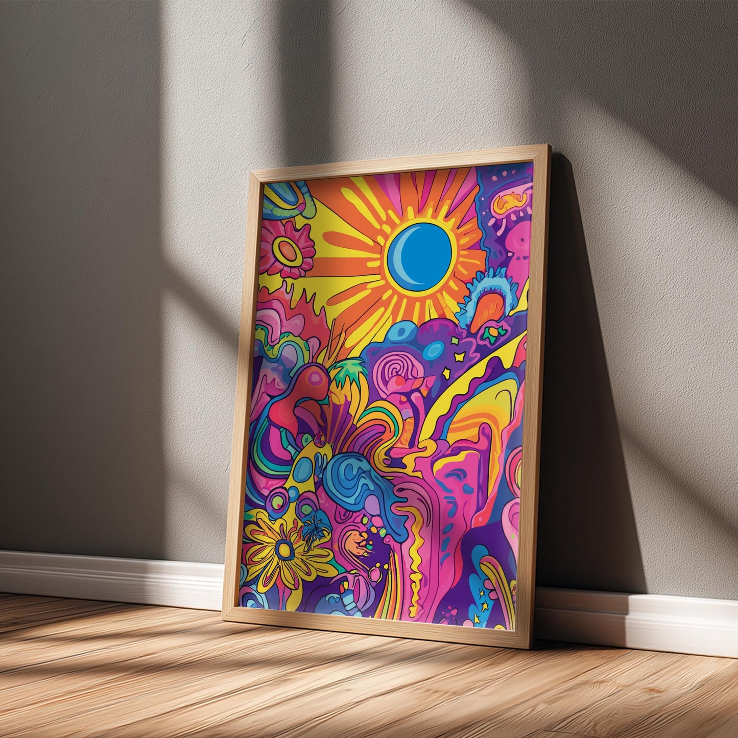 Electric Bloom Trippy Poster – Groovy Retro Sun & Flower Wall Art, Colorful Psychedelic Print, 70s Aesthetic Room Decor