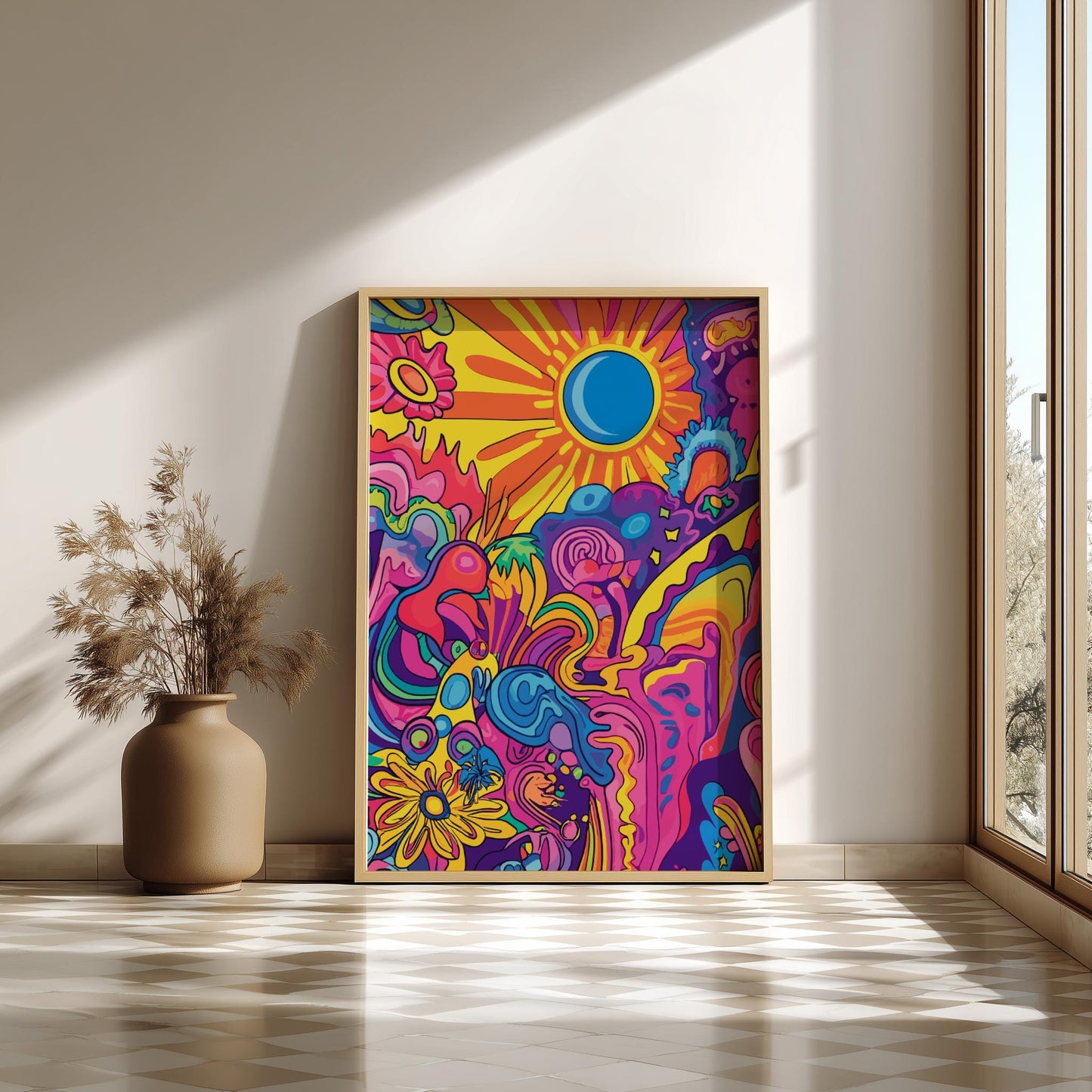 Electric Bloom Trippy Poster – Groovy Retro Sun & Flower Wall Art, Colorful Psychedelic Print, 70s Aesthetic Room Decor