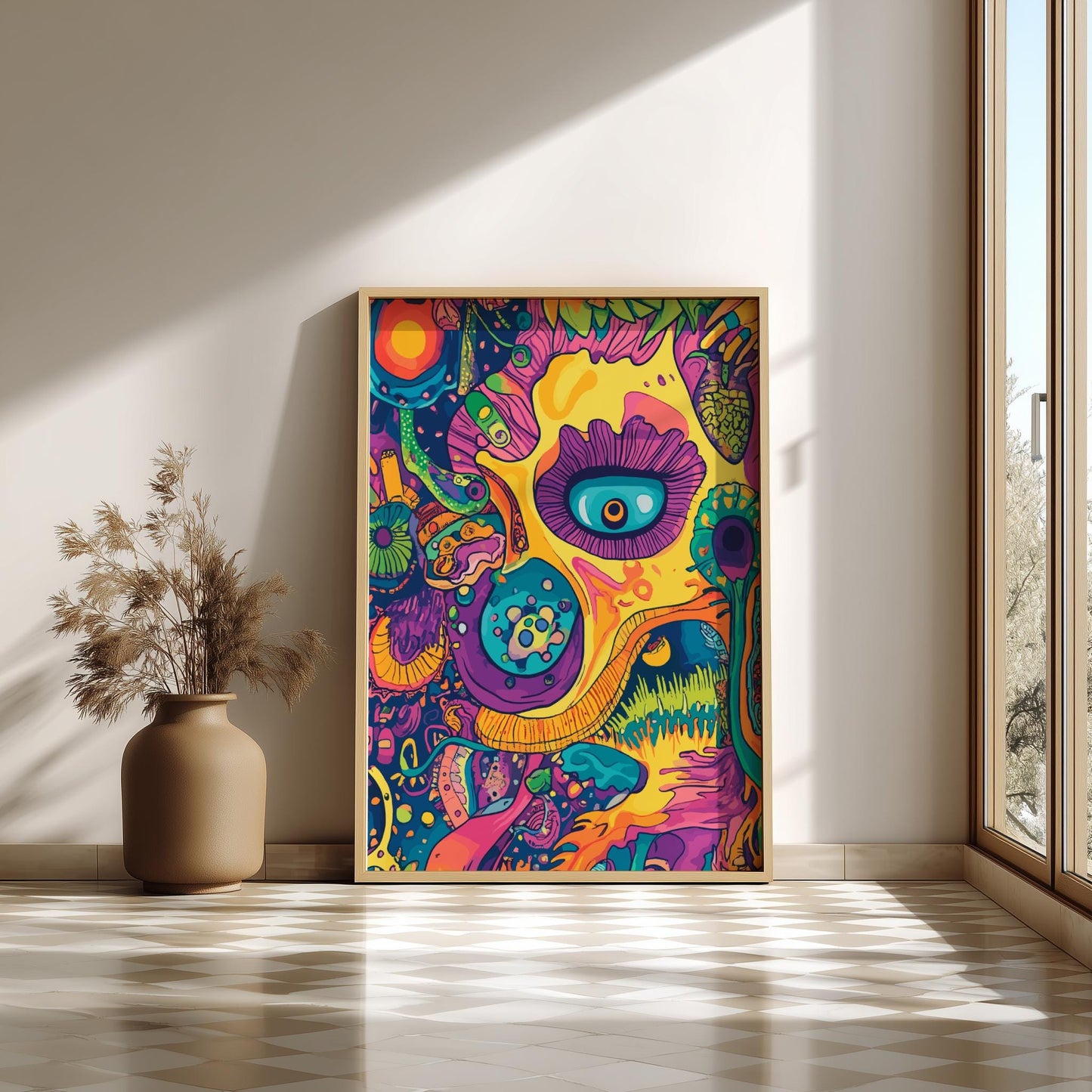 Electric Bloom Poster – Psychedelic Floral Sun Landscape, Trippy Surreal Wall Art, Colorful Cosmic Garden Decor, Retro Vibes Print