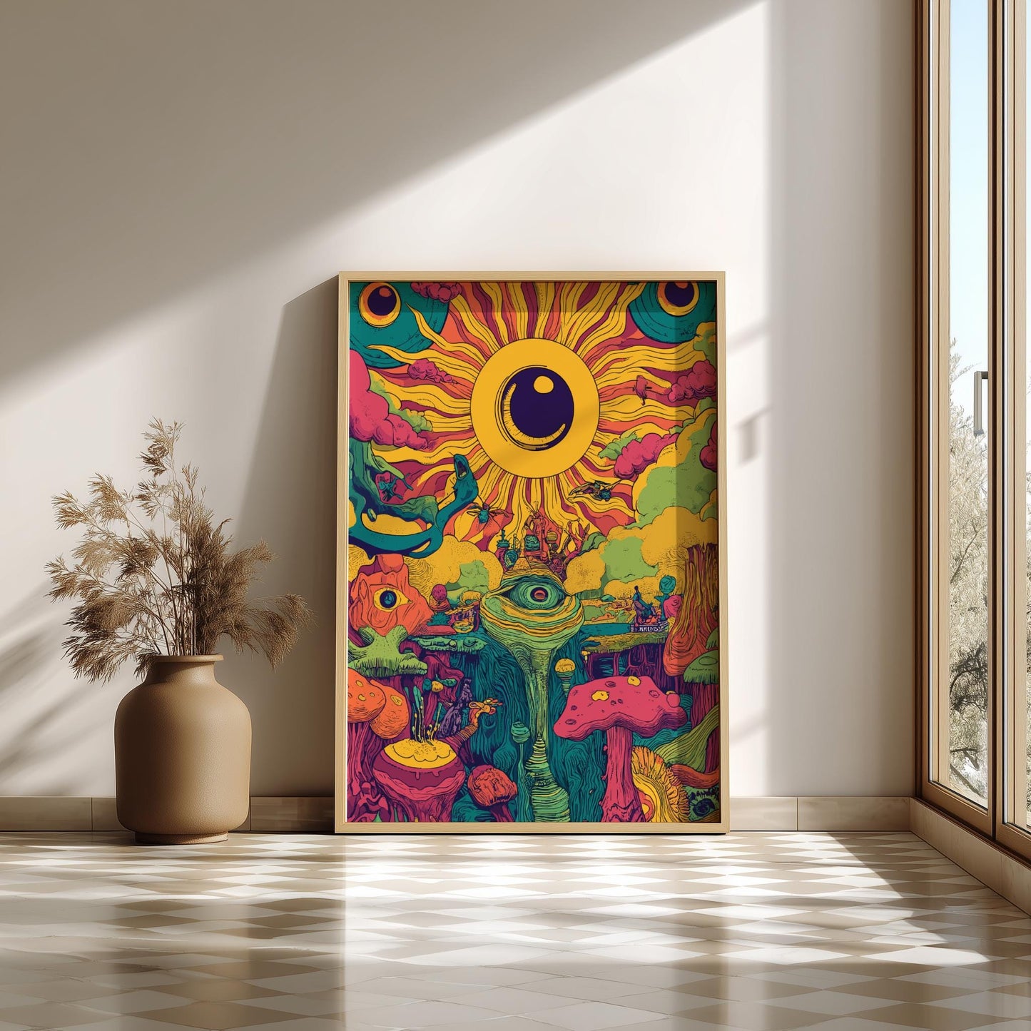 Electric Bloom Art Print – Surreal Psychedelic Garden Wall Art, Cosmic Flower Landscape Poster, Dreamy Sun and Planet Illustration