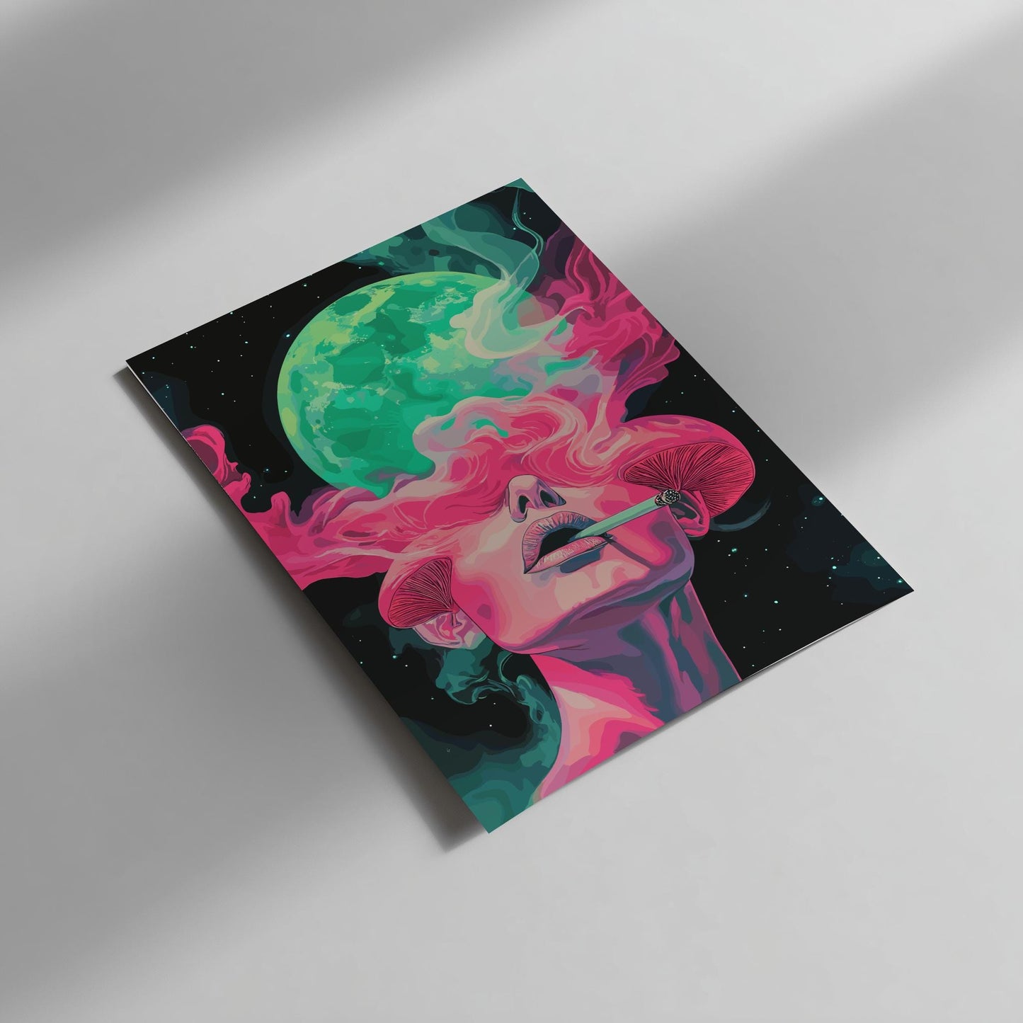 Psyche Exhale Poster – Surreal Woman with Mushrooms and Smoke, Psychedelic Dreamscape Wall Art, Cosmic Mind Expansion Print