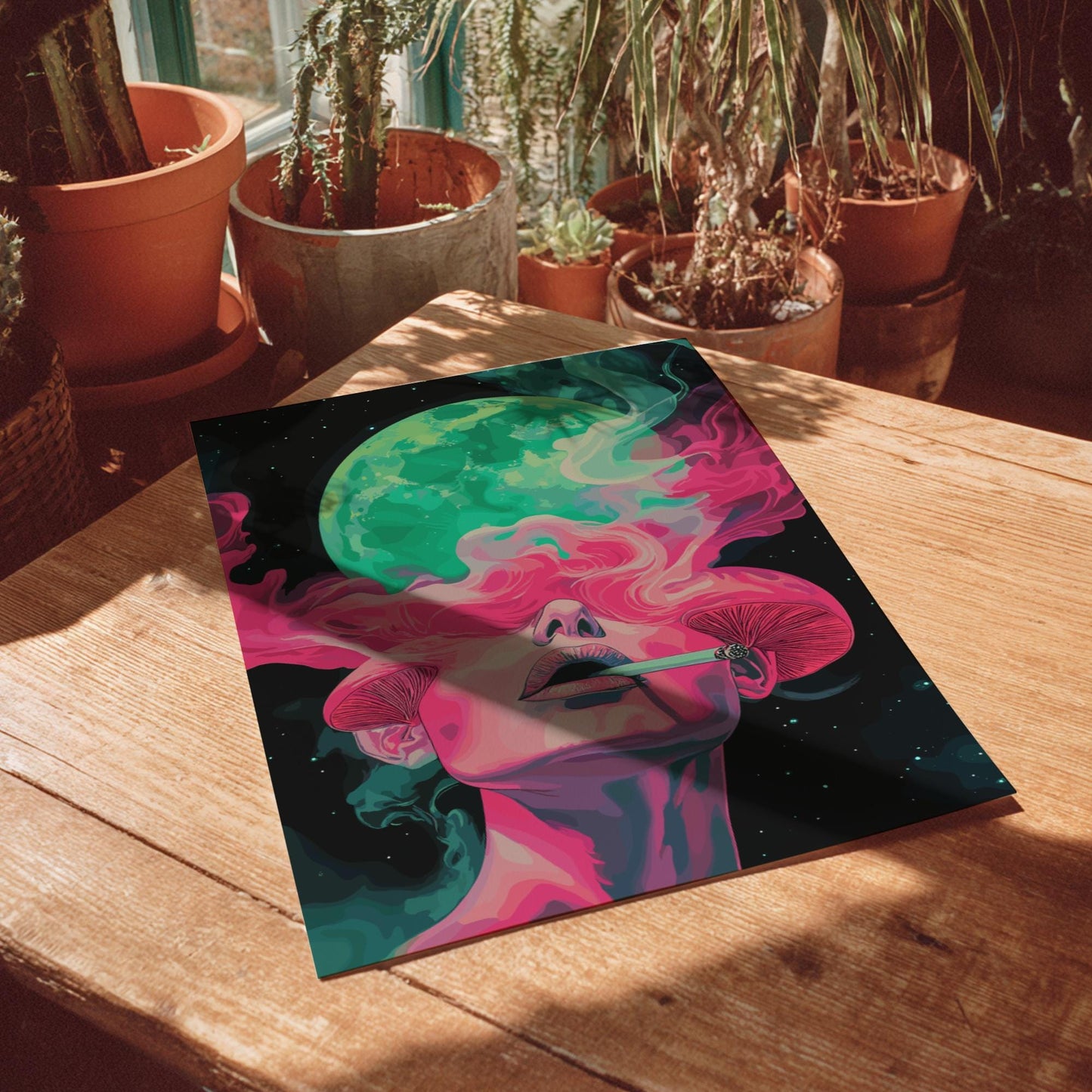 Psyche Exhale Poster – Surreal Woman with Mushrooms and Smoke, Psychedelic Dreamscape Wall Art, Cosmic Mind Expansion Print