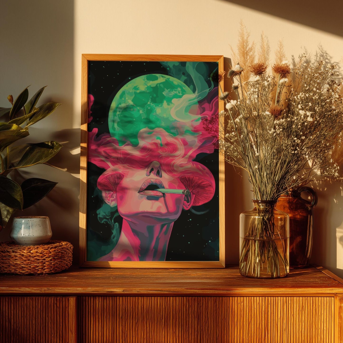 Psyche Exhale Poster – Surreal Woman with Mushrooms and Smoke, Psychedelic Dreamscape Wall Art, Cosmic Mind Expansion Print