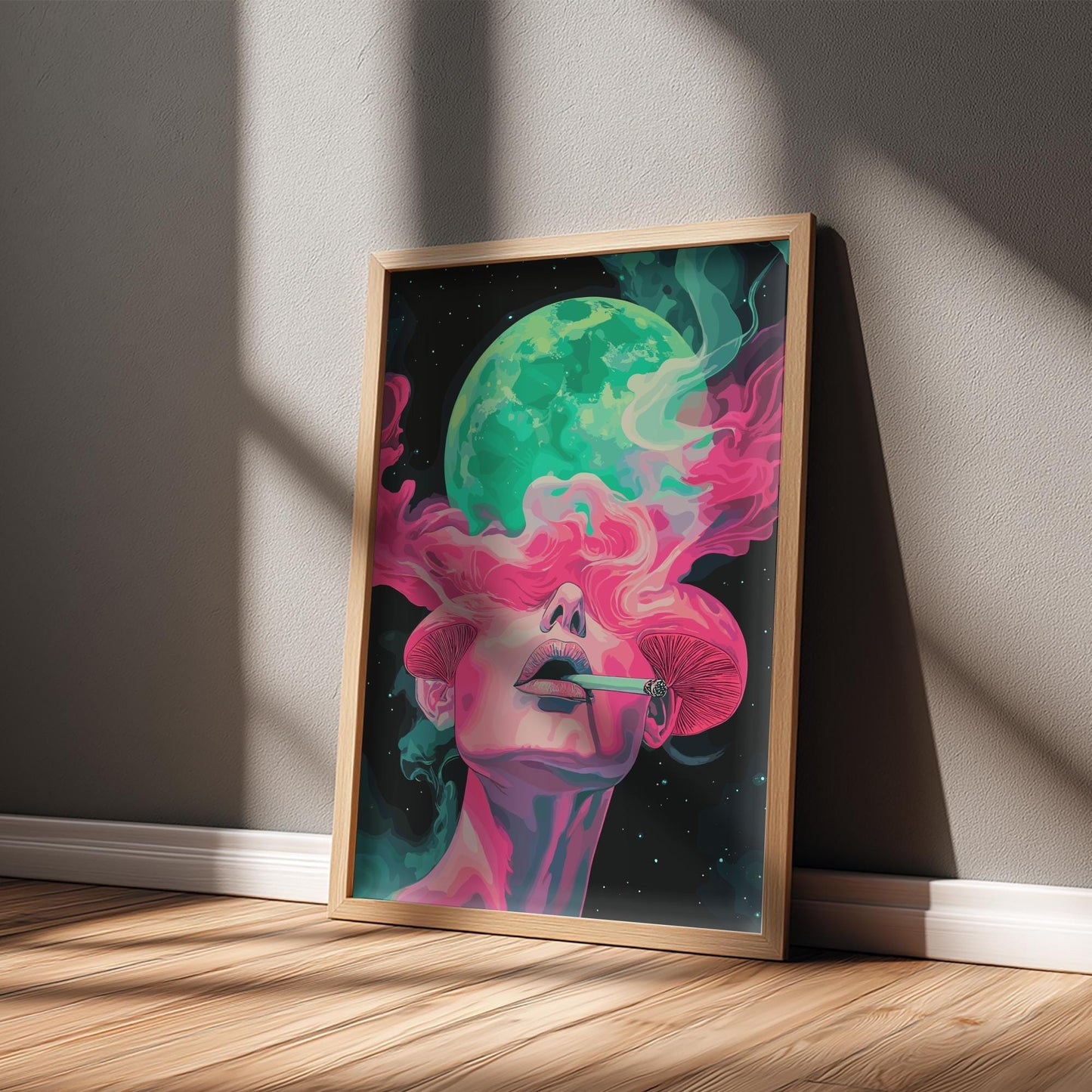 Psyche Exhale Poster – Surreal Woman with Mushrooms and Smoke, Psychedelic Dreamscape Wall Art, Cosmic Mind Expansion Print