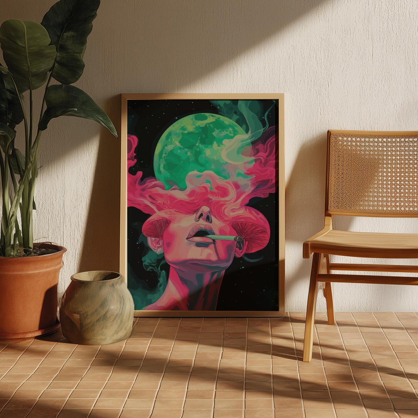 Psyche Exhale Poster – Surreal Woman with Mushrooms and Smoke, Psychedelic Dreamscape Wall Art, Cosmic Mind Expansion Print